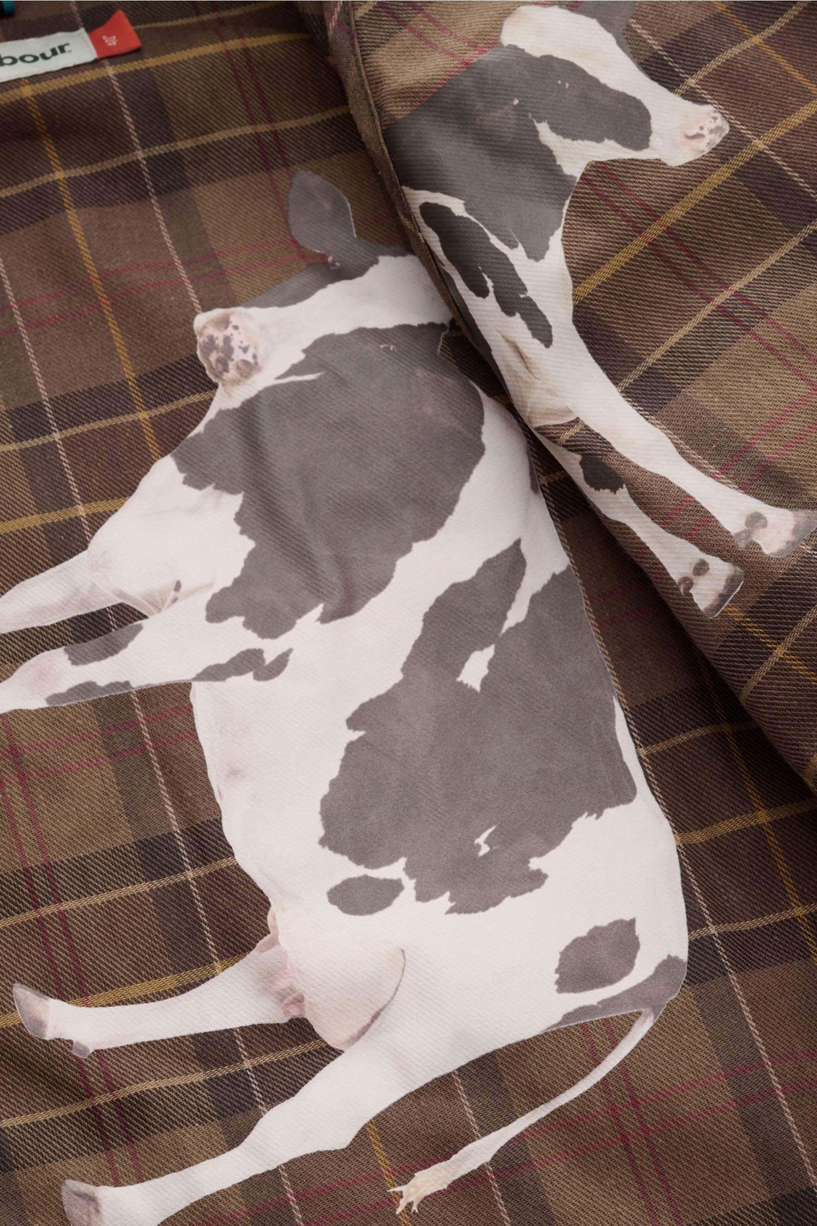 Close-up image from above of the Barbour Wachsjacke 'Bedale' navy/bordeaux/petrol showing the brown tartan interior lining with a cow print pattern, highlighting the detailed fabric texture and a small Barbour label in the corner. 

Gut gerüstet für di