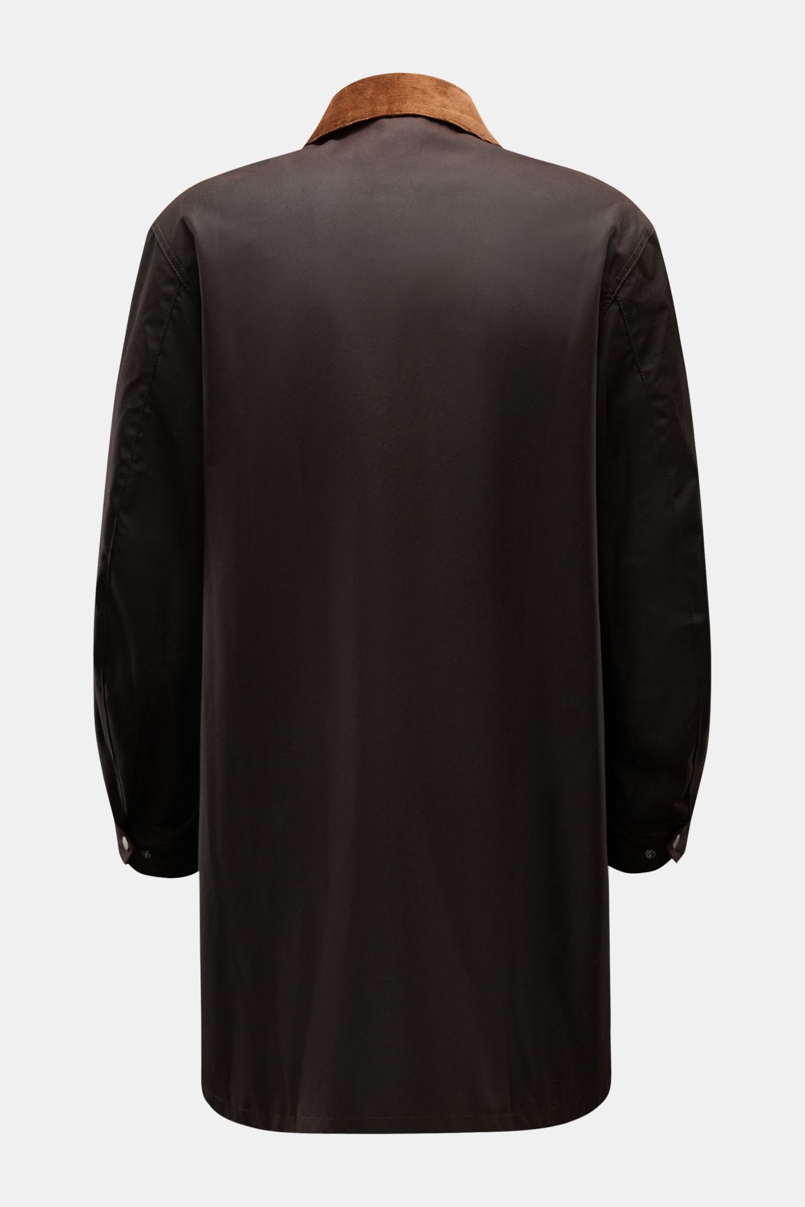 Barbour Wachsparka 'Beeston' dunkelbraun von hinten, gewachste Baumwolle, Cord-Kragen, Slim Fit, Tartan-Futter, robuste Details, Übergangsjacke.