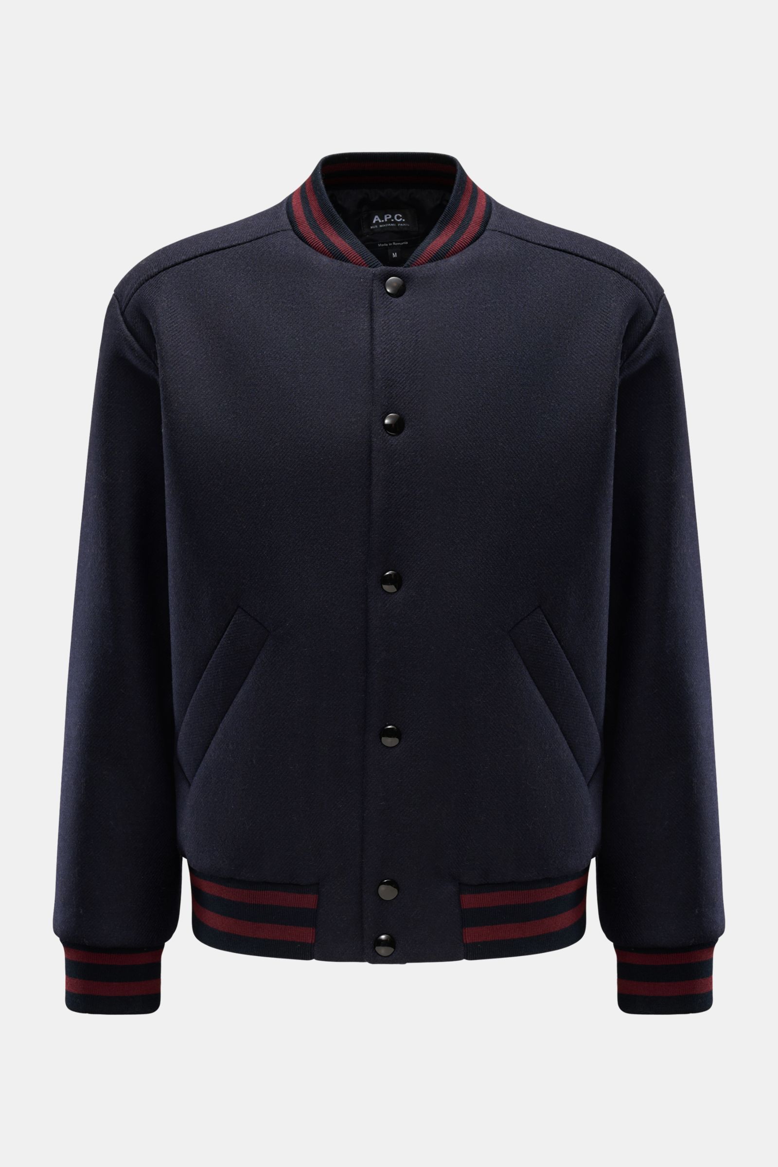 A.P.C. Blouson 'Micky' dark navy im Frontansicht, Woll-Mix, College-Style, Druckknopfleiste, Leistentaschen, Rippbündchen, Logo hinten aus Frotteé.