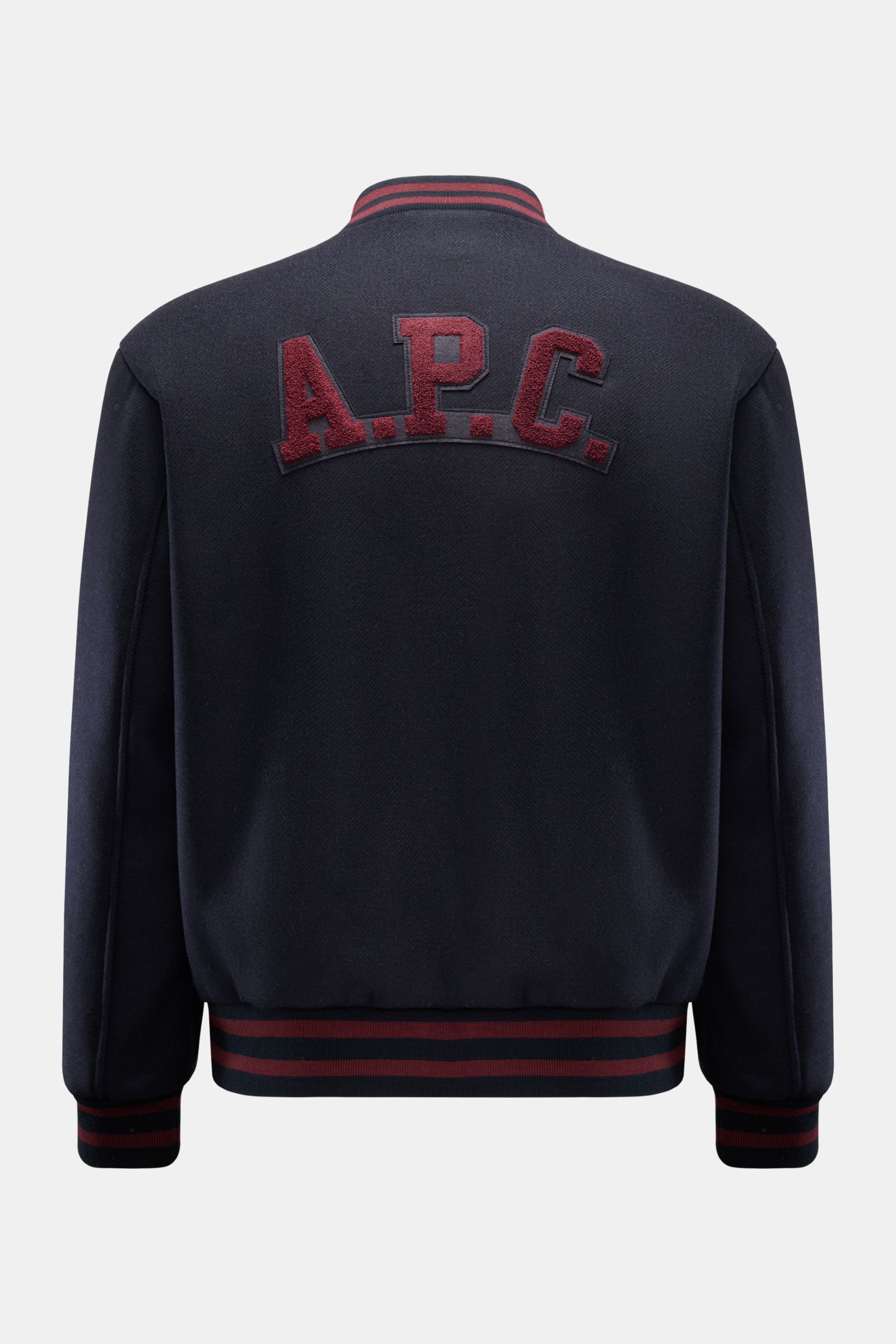A.P.C. Blouson 'Micky' dark navy Rückansicht, College-Style aus Woll-Mix mit Frotteé-Logo, Blousonkragen, Rippbündchen, leichte Wattierung.