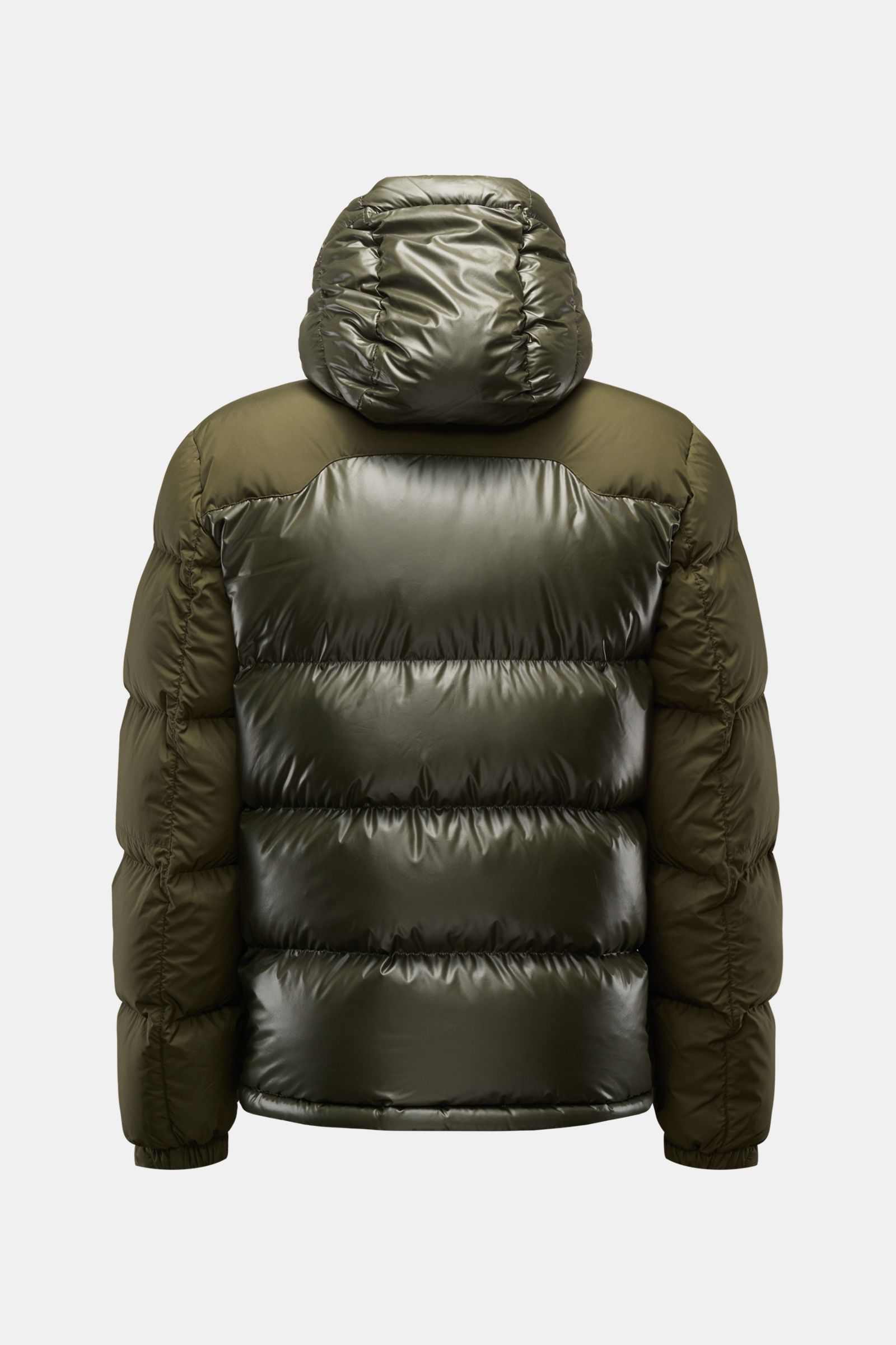 Rear view of Polo Ralph Lauren Daunenjacke oliv, a slim fit winter down jacket with shiny olive recycled microfiber, water-repellent surface, detachable hood, elastic cuffs, and zipper pockets, shown against a plain background.

Setzen Sie ein Statemen