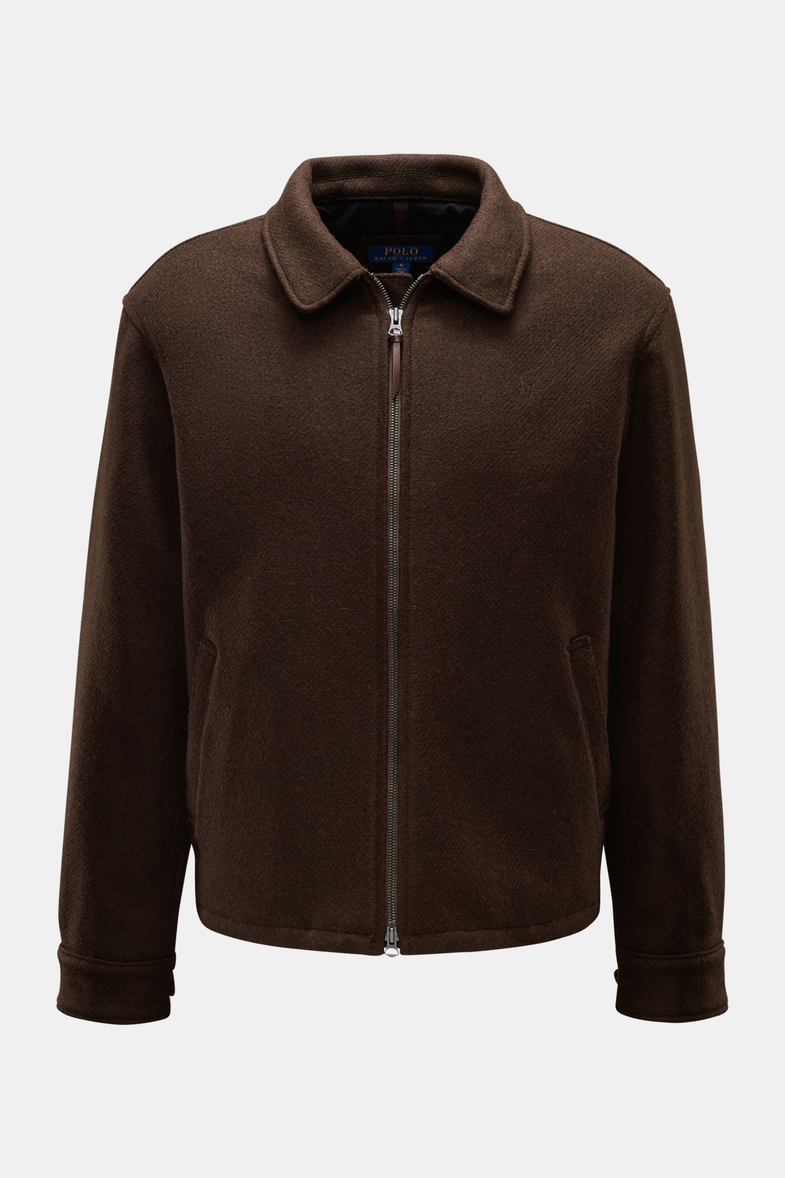Polo Ralph Lauren Jacke 'Langdon' dunkelbraun, aus italienischem Wolltwill, Frontansicht mit Umlegekragen, Zwei-Wege-Reißverschluss, paspelierte Taschen, Manschettenärmel, Microfaser-Futter.