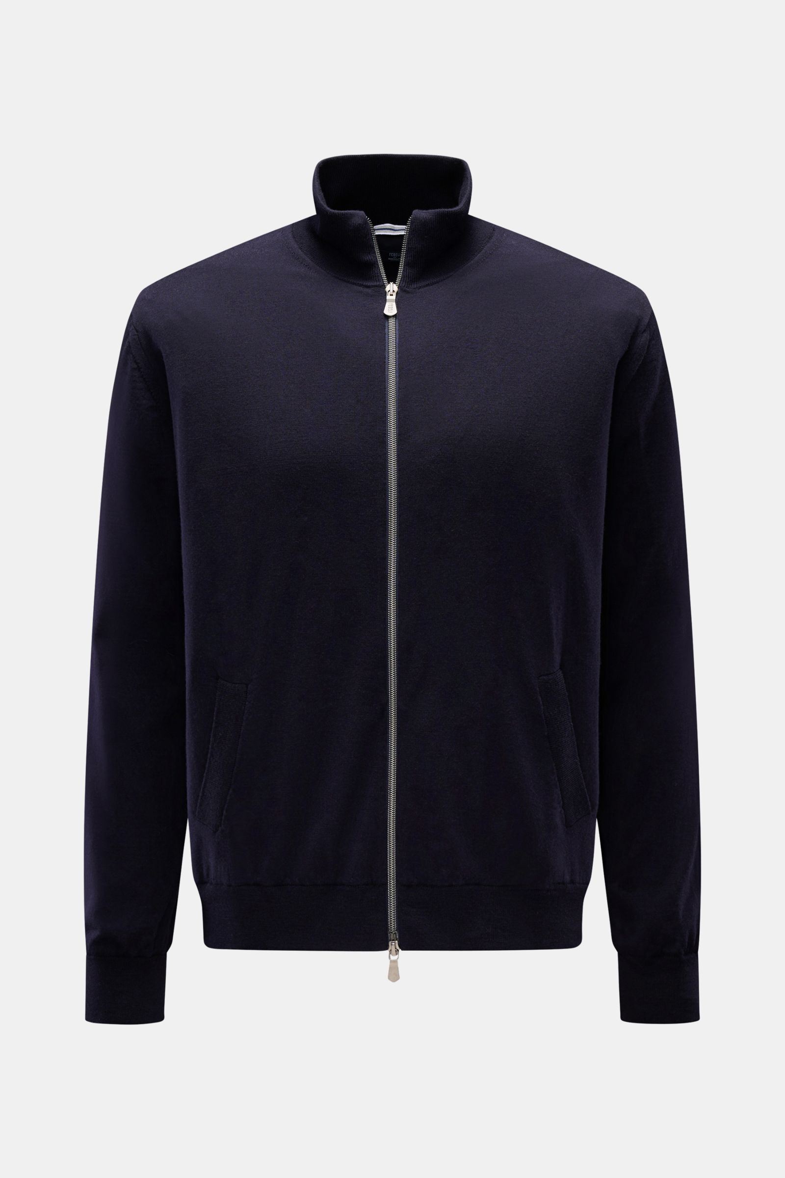 Front view of Fedeli Windbreaker Blouson 'Paros' navy, made of pure Super 140'S wool knit with technical microfiber lining, windproof, soft touch, regular fit, two-way zipper, high rib-knit collar, slanted welt pockets, one inner pocket, and ribbed cuffs.