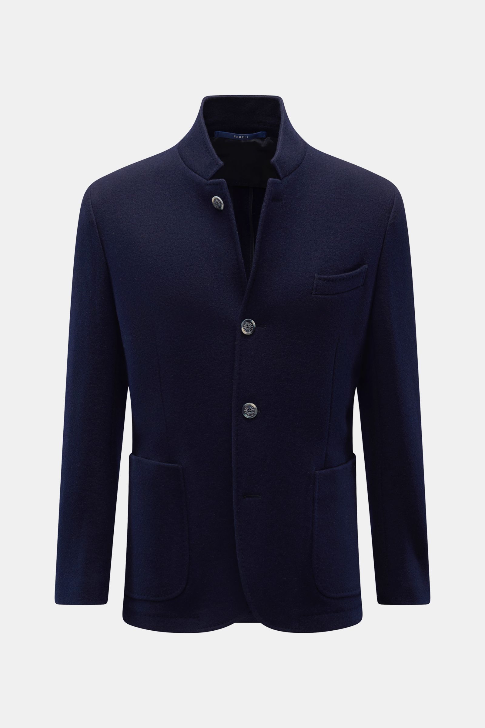 Fedeli Cashmere Jacke navy, Slim Fit, reiner Cashmere, Stehkragen, Vier-Knopf-Leiste, Brust- und Hüfttaschen, Kissing Buttons, halb gefüttert, Vorderansicht.