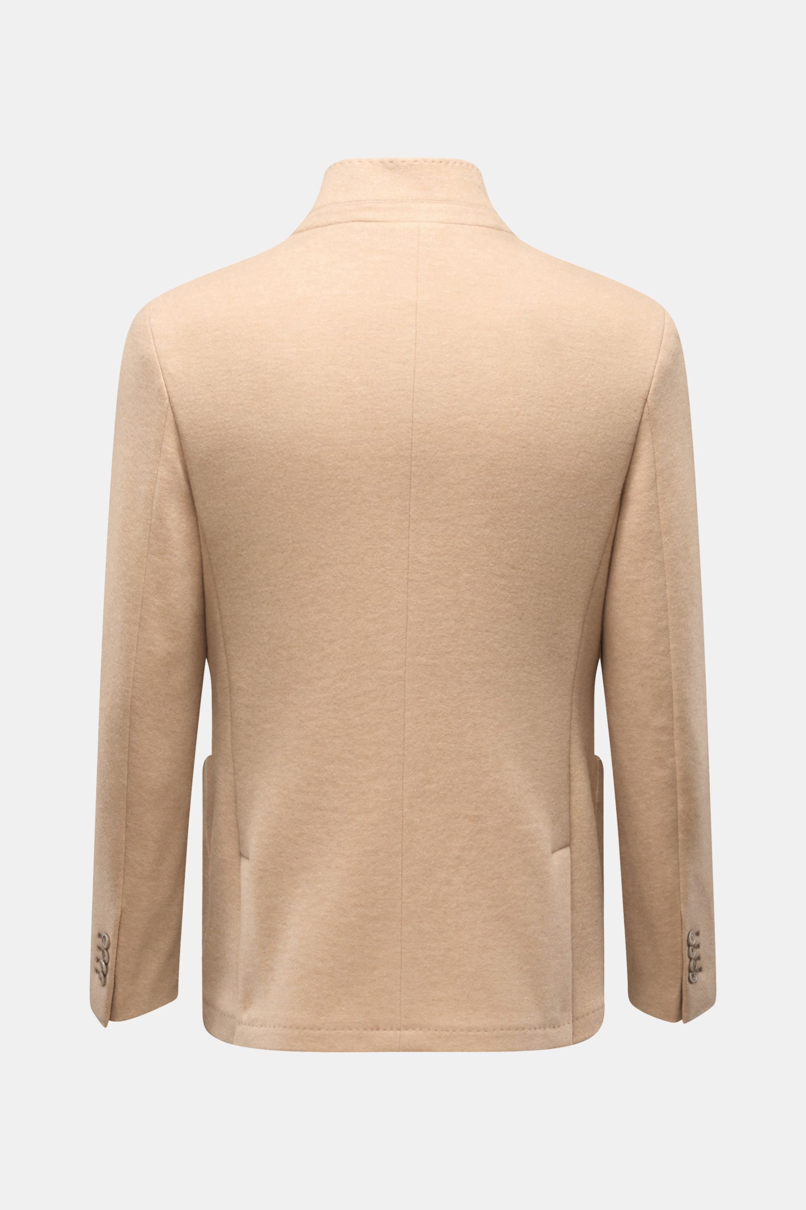 Fedeli Cashmere Jacke beige, Rückansicht, Slim Fit mit Stehkragen, reiner Cashmere, weicher Griff, Vier-Knopf-Leiste, Brusttasche, Hüfttaschen, Kissing Buttons, Seitenschlitze, halb gefüttert, zwei Innentaschen.