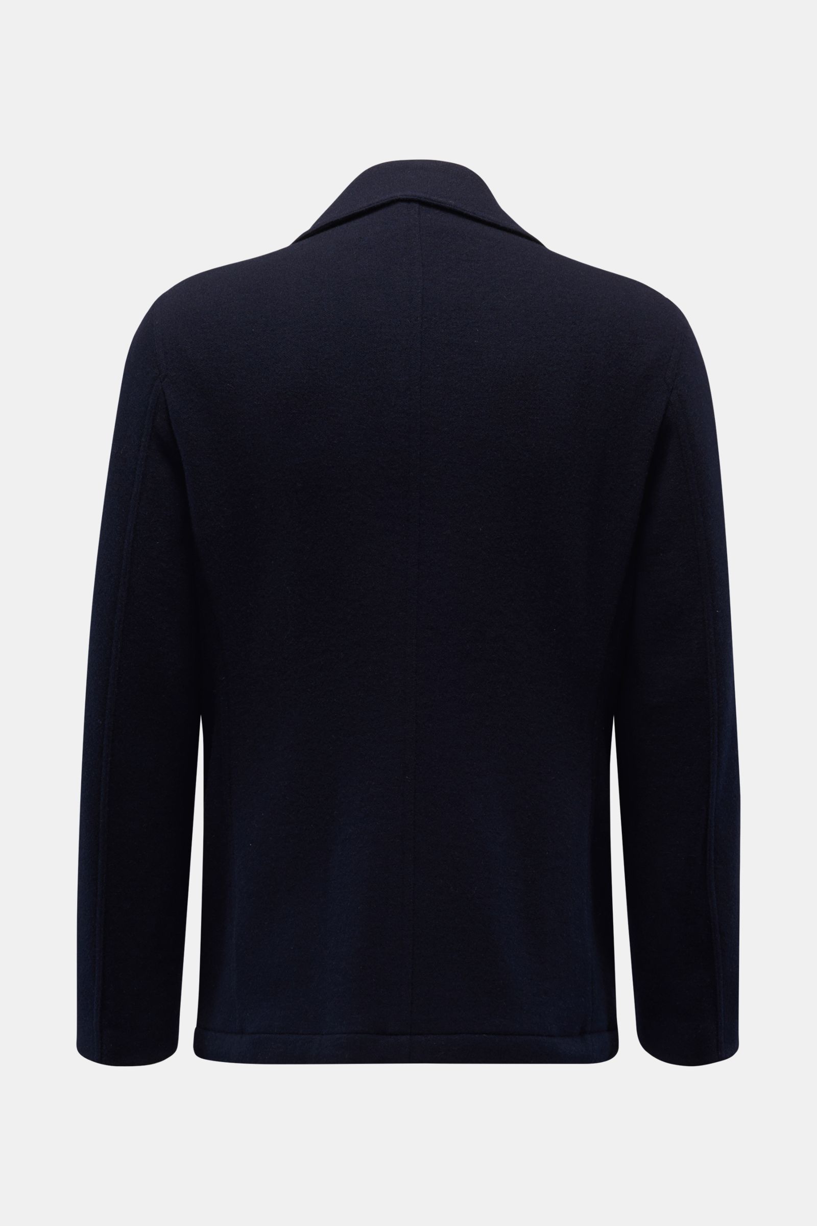 Fedeli Cashmere Cabanjacke navy, Rückansicht, reiner Cashmere, weicher Griff, Slim Fit, variabler Kragen, Vier-Knopf-Leiste, schräge Leistentaschen, halb gefüttert, zwei Innentaschen.