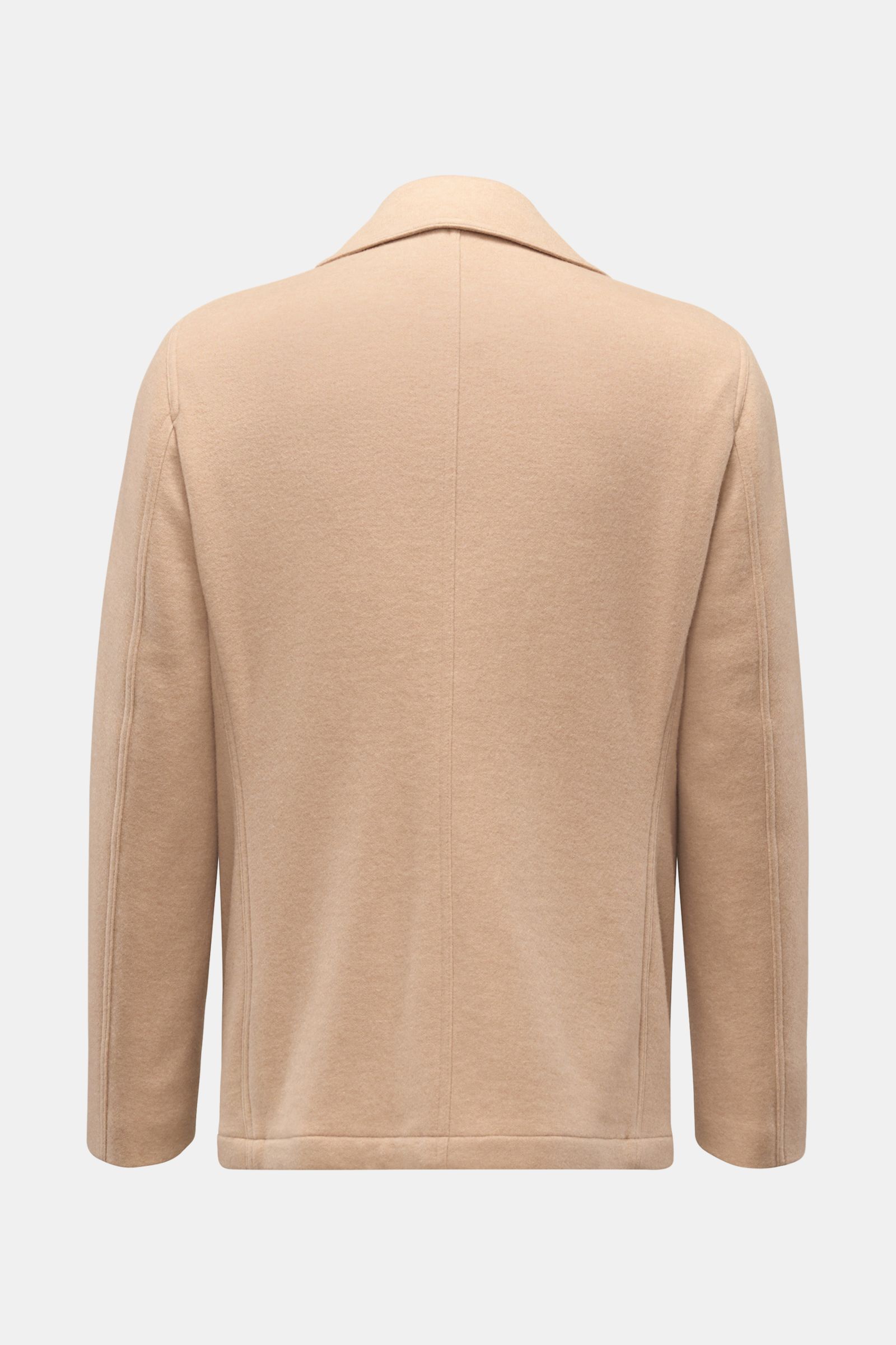 Fedeli Cashmere Cabanjacke beige shown from the back, made of reiner Cashmere, soft and smooth feel, Slim Fit, variable collar, four-button placket, slanted welt pockets, half-lined, two inner pockets.