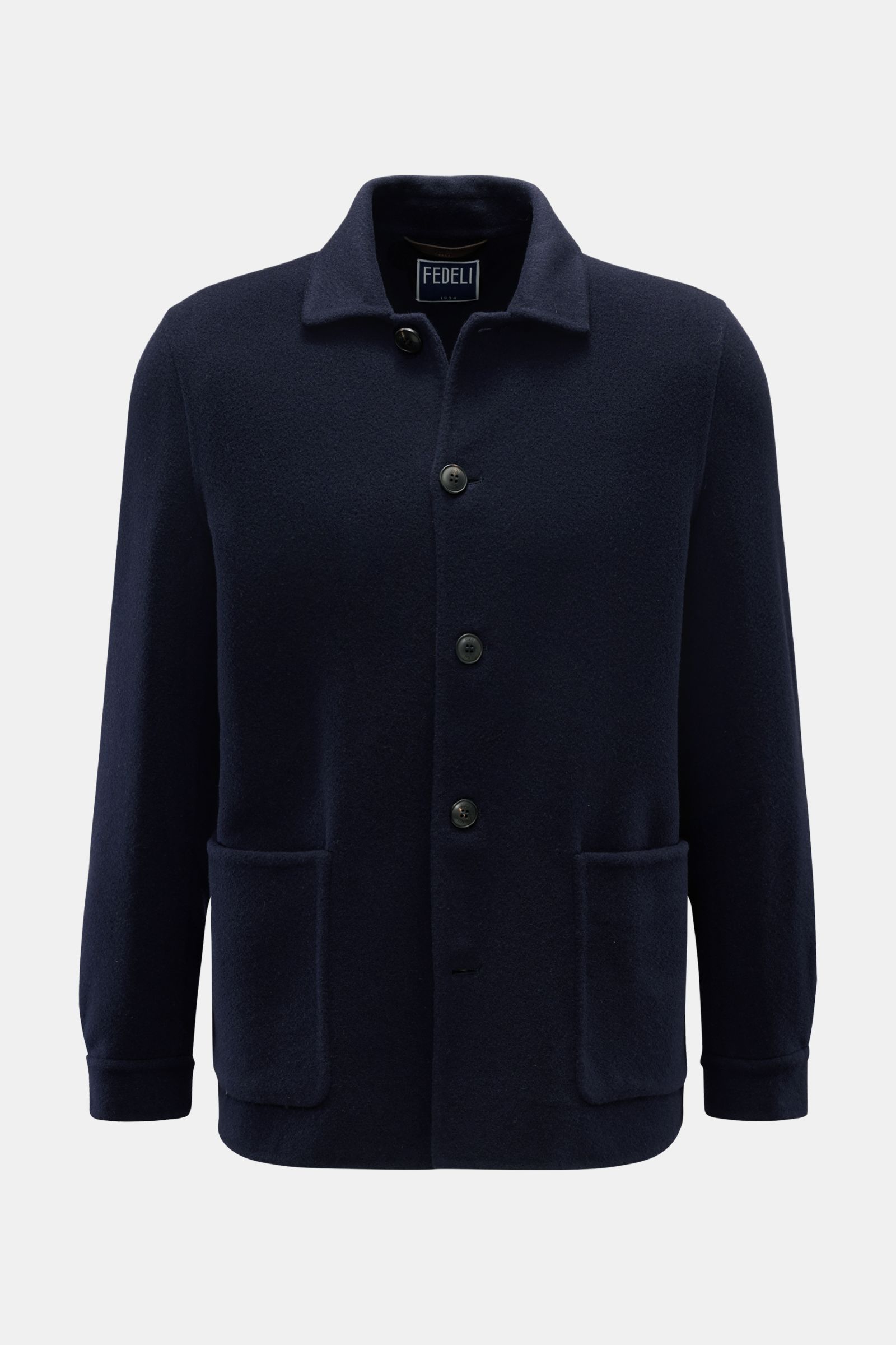 Fedeli Jacke 'Cambridge' navy, frontal fotografiert, Slim Fit, Schurwoll-Cashmere-Mix, weicher Griff, Umlegekragen, fünf Knöpfe, aufgesetzte Taschen, Manschettenärmel, Seitenschlitze, Unconstructed Design.