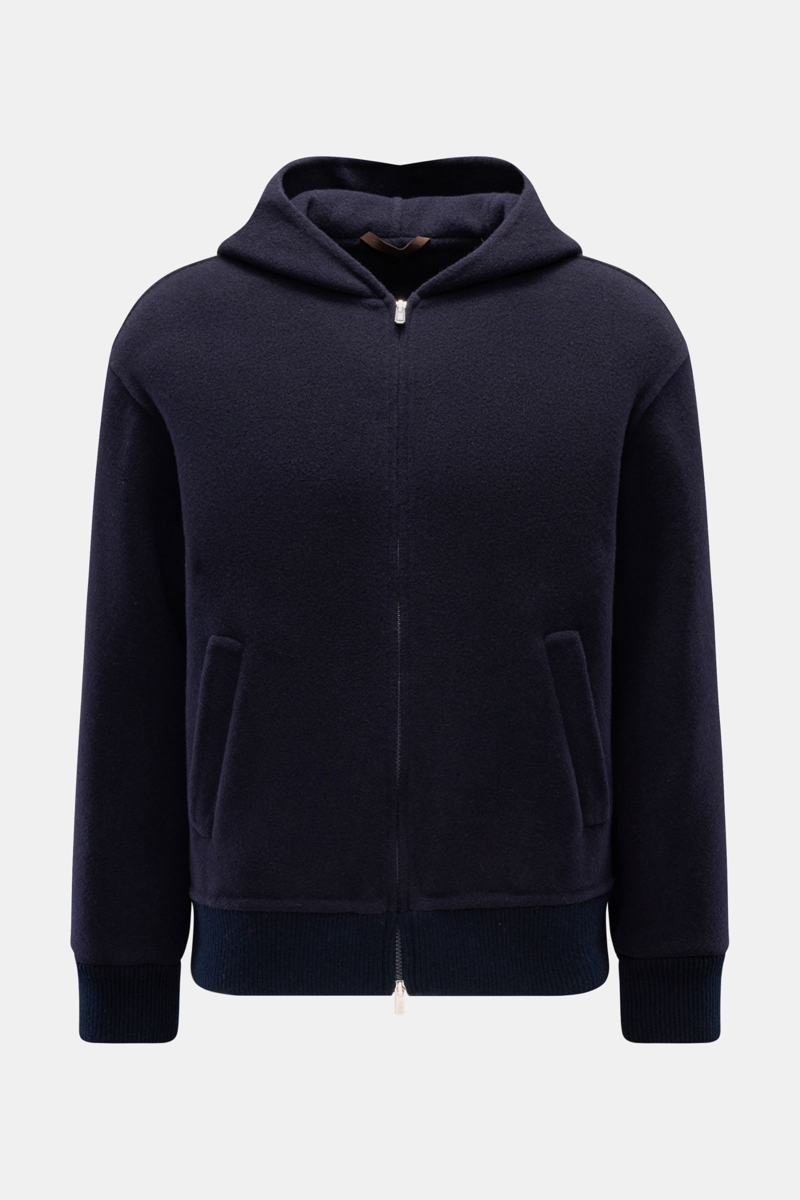 Fedeli Blouson 'Solferino' navy, frontale Ansicht, Kapuzen-Blouson aus weichem Schurwolle-Cashmere-Mix, Slim Fit, mit Zwei-Wege-Reißverschluss, schräge Leistentaschen, elastischen Saum- und Ärmelbündchen, Unconstructed Design, komfortabler Begleiter für d