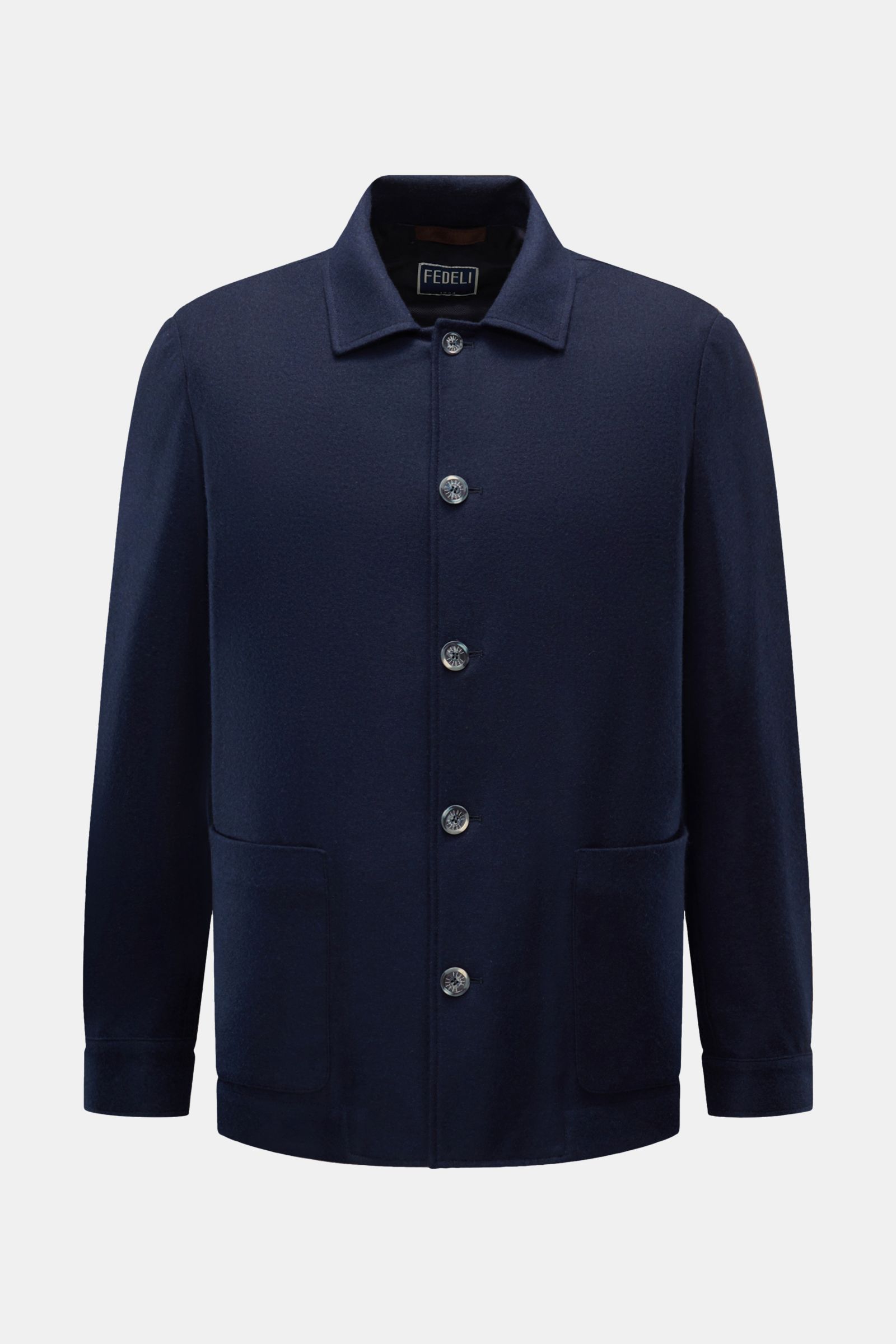 Fedeli Cashmere Flanell-Jacke 'Oxford' navy, frontale Ansicht, kastiger Schnitt, fünf Knöpfe, aufgesetzte Taschen, Veloursleder-Kragenbesatz, Regular Fit.