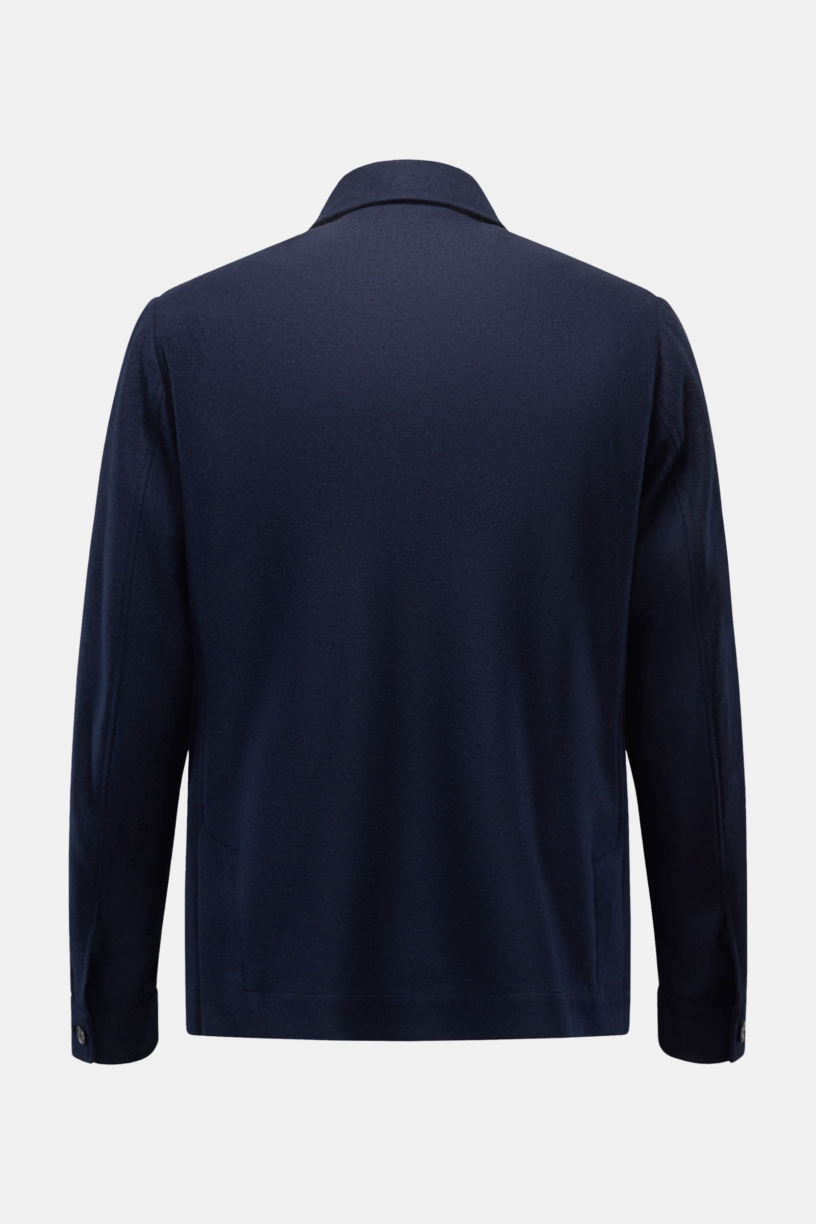 Fedeli Cashmere Flanell-Jacke 'Oxford' navy, Rückansicht, kastiger Schnitt, Veloursleder-Kragenbesatz, Halb gefüttert, Regular Fit.