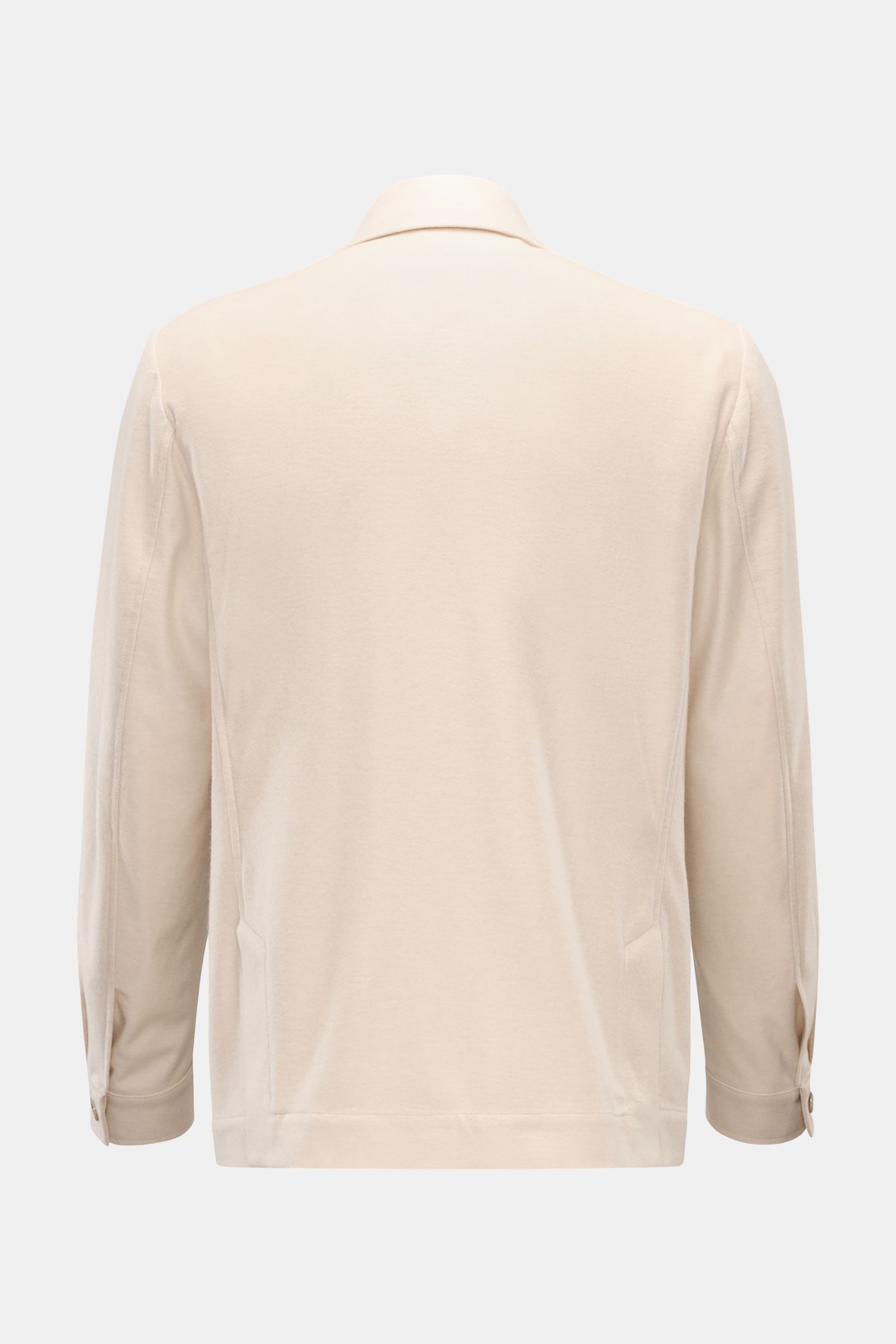 Fedeli Cashmere Flanell-Jacke 'Oxford' sand, Rückansicht, kastiger Schnitt, Veloursleder-Kragen, Hüfttaschen, Knopfärmel, reine Cashmere-Qualität.