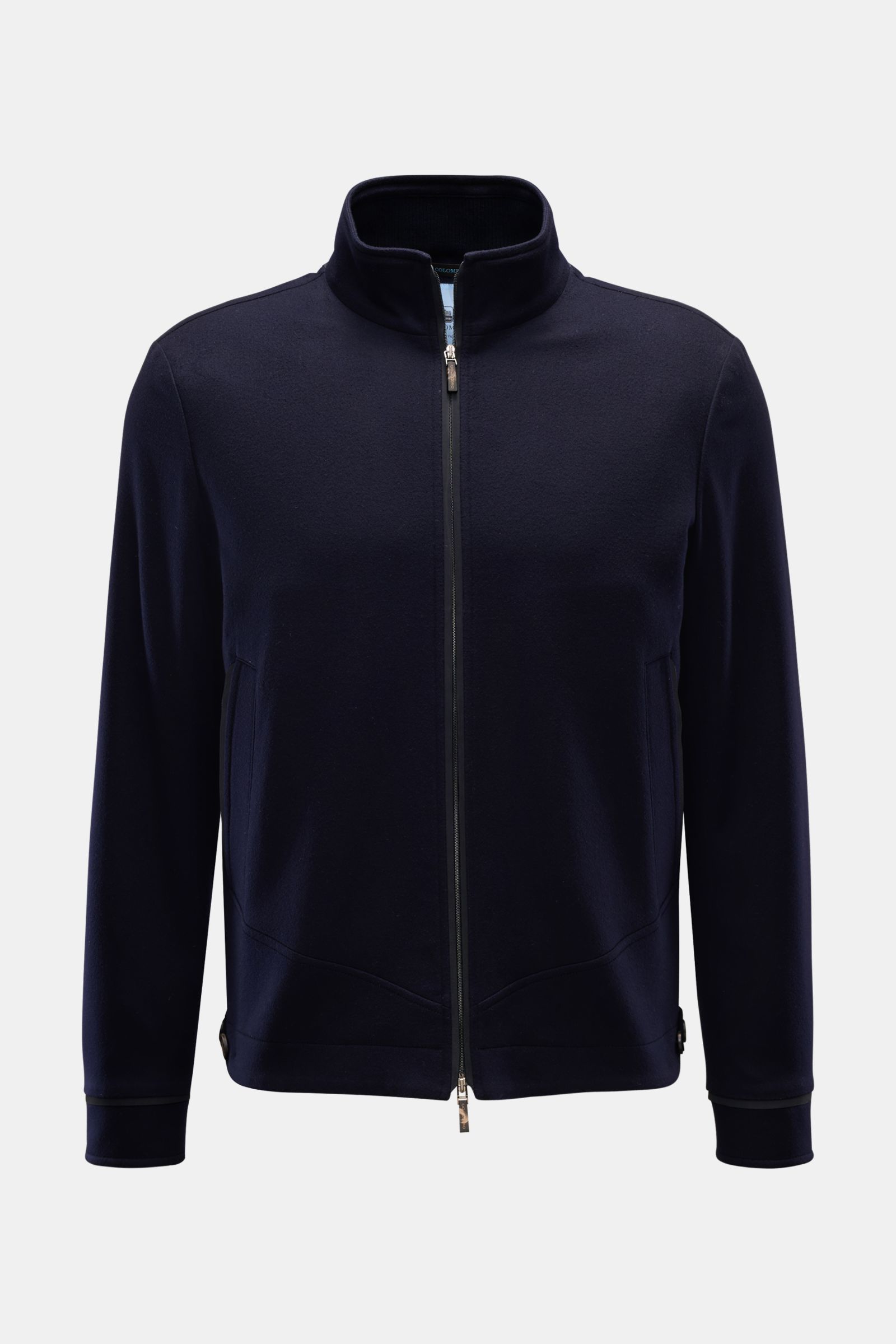 Colombo Jacke navy, Slim Fit, reine Wolle, von vorne mit Stehkragen, Zwei-Wege-Reißverschluss, paspelierten Taschen und Knopfärmeln.