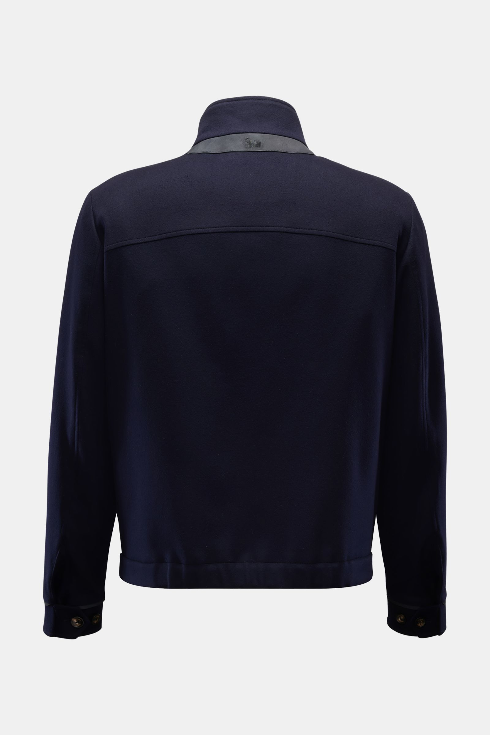 Colombo Jacke navy aus reiner Wolle, Slim Fit, Rückansicht mit Stehkragen, Knopfärmeln, regulierbarem Saum, weichem Griff.