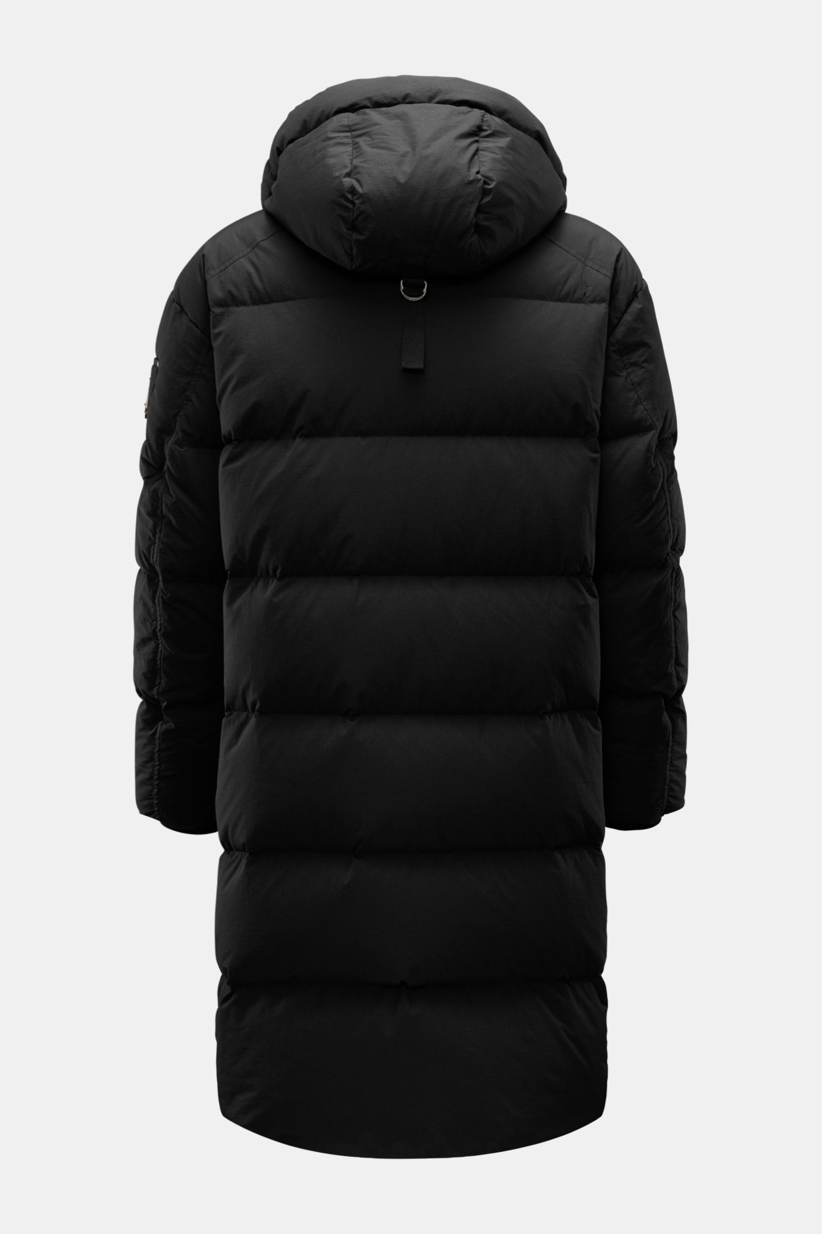 Moose Knuckles Daunenmantel 'Everest Long Puffer' schwarz, Rückenansicht, gesteppt, Kapuze, wind- und wasserabweisend, Daunenfüllung, Regular Fit, abnehmbare Kapuze.