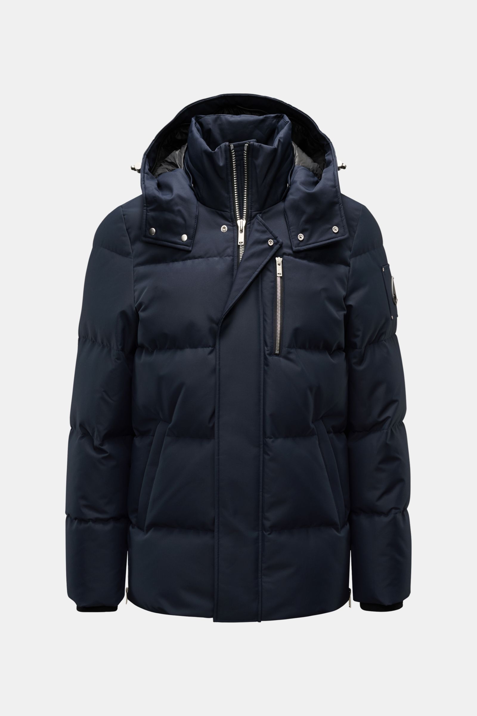 Moose Knuckles Daunenjacke 'Cloud 3Q' navy, frontale Perspektive, Microfaser, Daunenfüllung, Slim Fit, zwei-Wege-Reißverschluss, abnehmbare Kapuze, Brusttasche, Seitenschlitze.