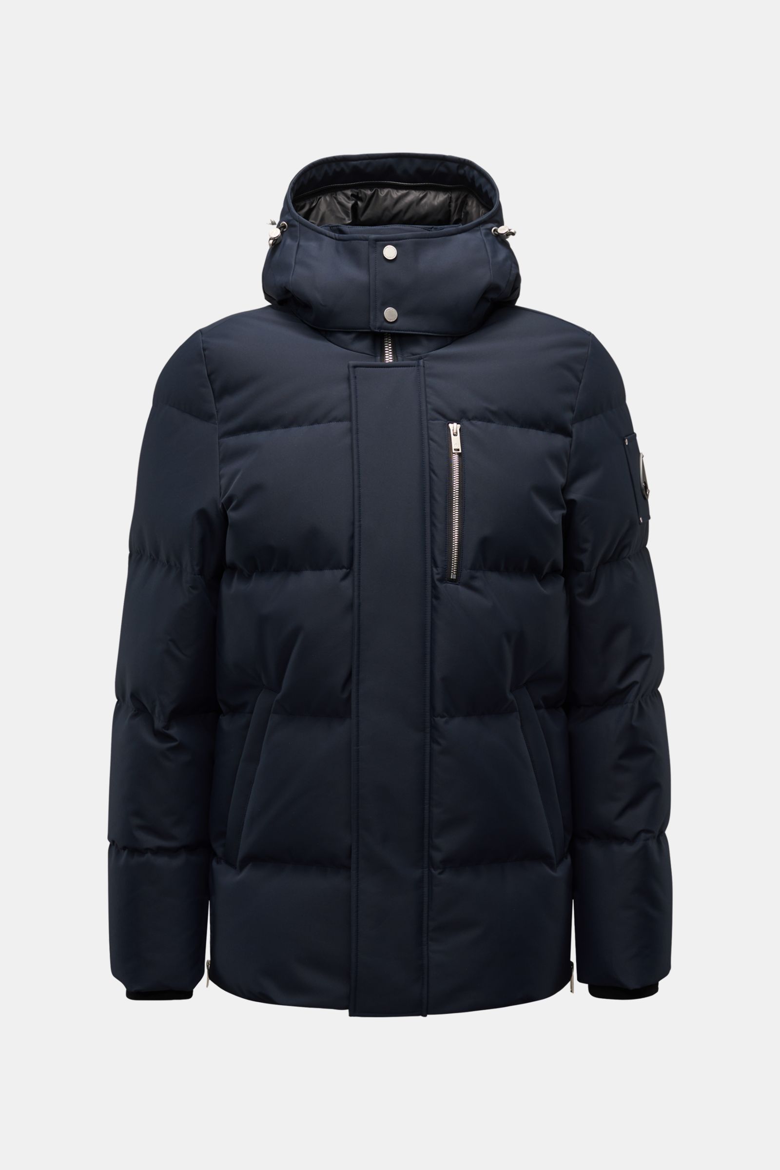 Moose Knuckles Daunenjacke 'Cloud 3Q' navy, frontal fotografiert, wind- und wasserabweisend, Daunenfüllung, Slim Fit, abnehmbare Kapuze, Reißverschluss, Taschen.