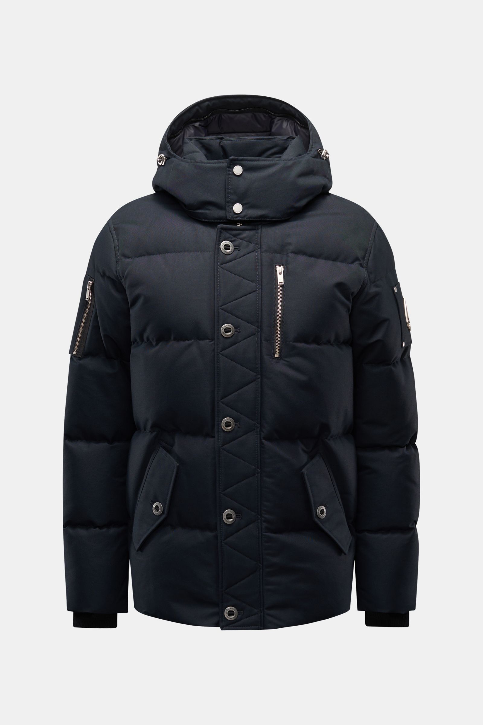 Moose Knuckles Down jacket 'Original 3q Neoshear' navy front view with detachable hood, zip and button storm flap, multiple pockets, and ribbed cuffs. Effortlessly protects against even extreme cold: With its high-quality 90/10 down lining, this MOOSE KNU