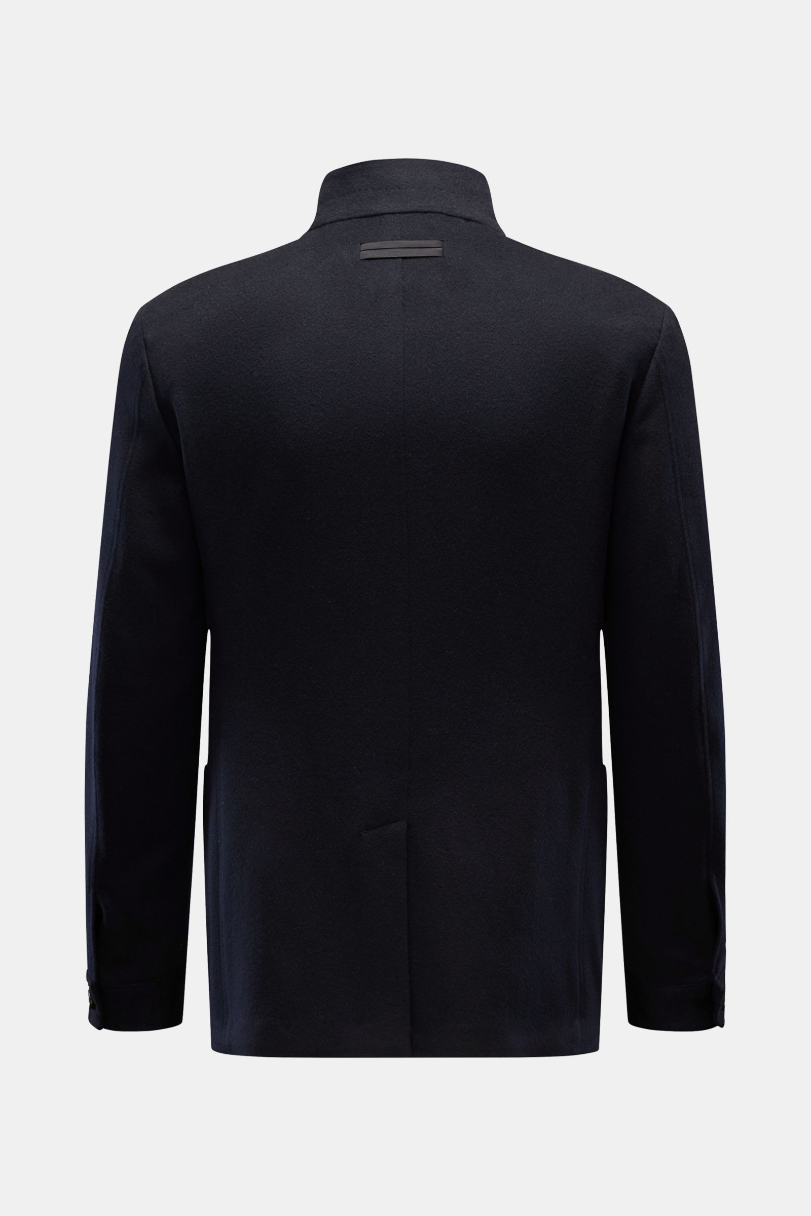 Rear view of the Zegna Cashmere Jacke navy in slim fit, featuring a stand collar with button strap, four-button placket, patch front pockets, buttoned cuffs, back center vent, soft pure cashmere fabric, smooth lining, and three inner pockets, showcasing r