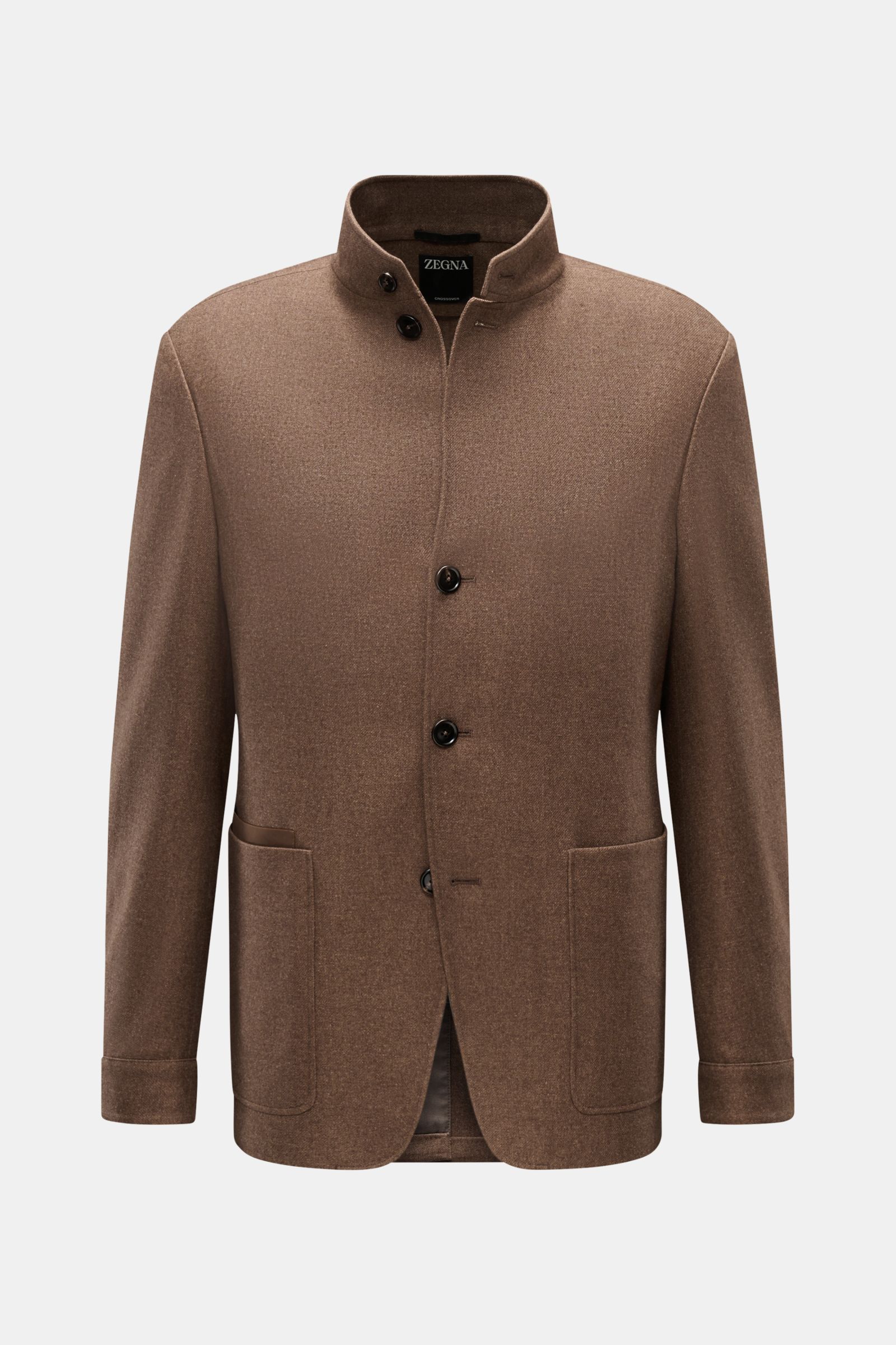 Zegna Jacke braun meliert, frontale Aufnahme, Slim Fit, Stehkragen, fünf Knöpfe, aufgesetzte Taschen, Wolle-Seide-Leinen-Mix, Leder-Detail.