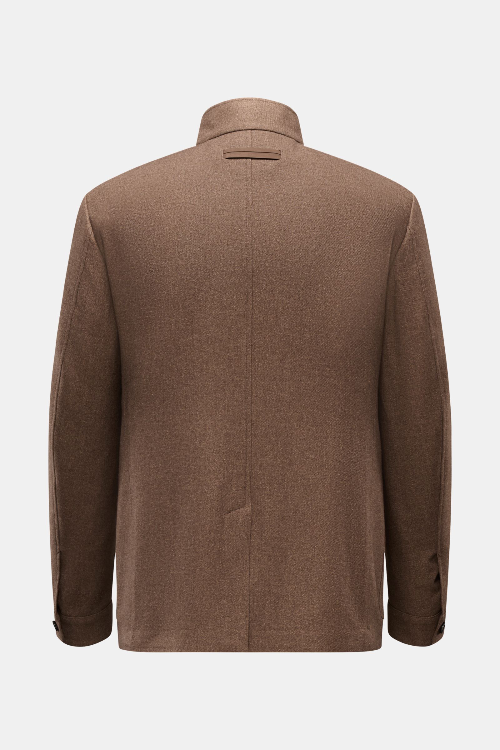 Zegna Jacke braun meliert, Rückansicht, leichte Woll-Seide-Leinen Jacke im Slim Fit mit variablem Stehkragen und Leder-Detail.