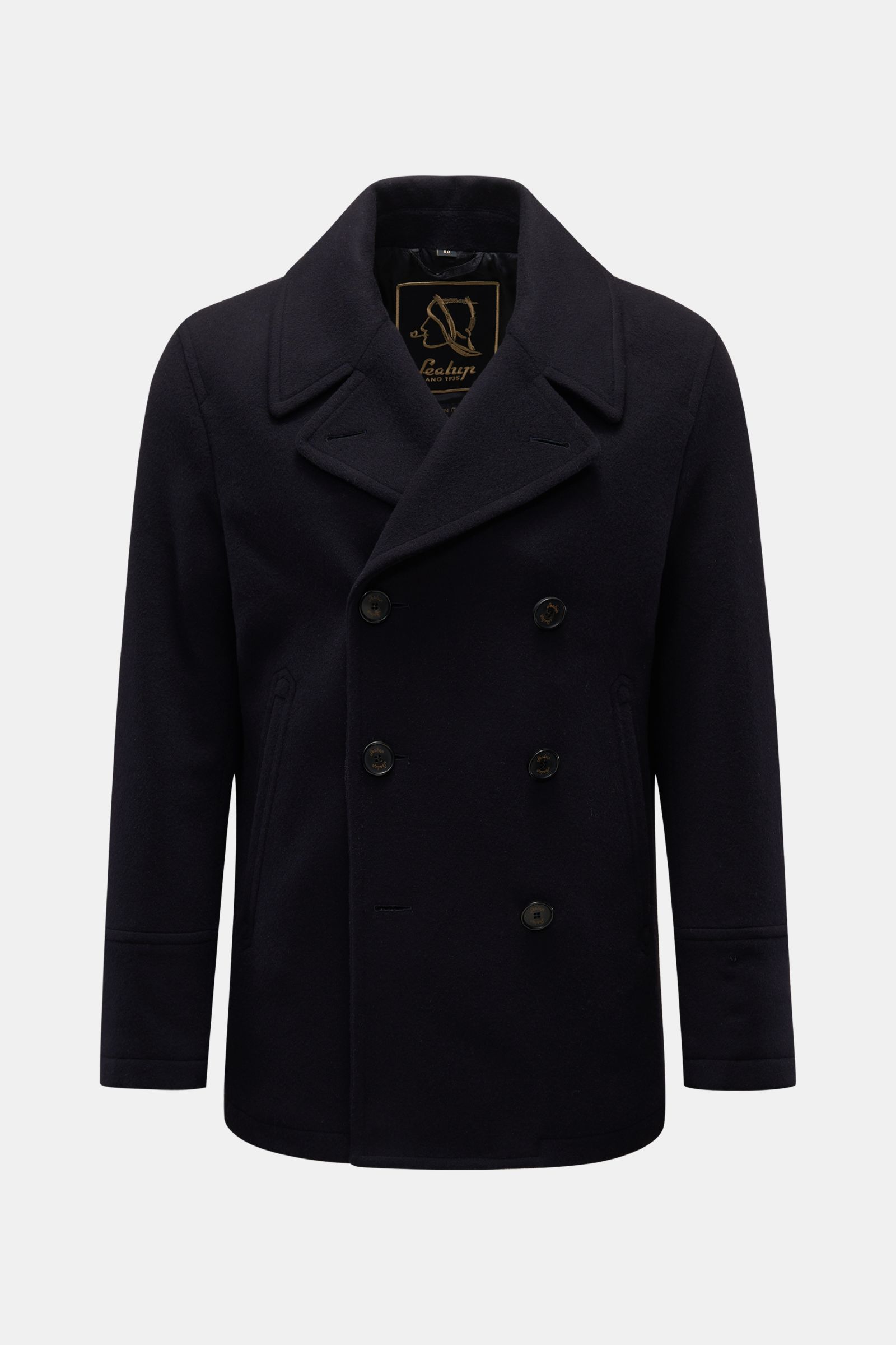 Das Bild zeigt die Sealup Cabanjacke 'Amalfi Peacoat' dark navy von vorne, ein maritimer Klassiker aus Wolle und Cashmere mit weichem Griff, leichter Wattierung, Slim Fit, zweireihiger Drei-Knopf-Leiste, breitem Reverskragen, schrägen Leistentaschen, klei