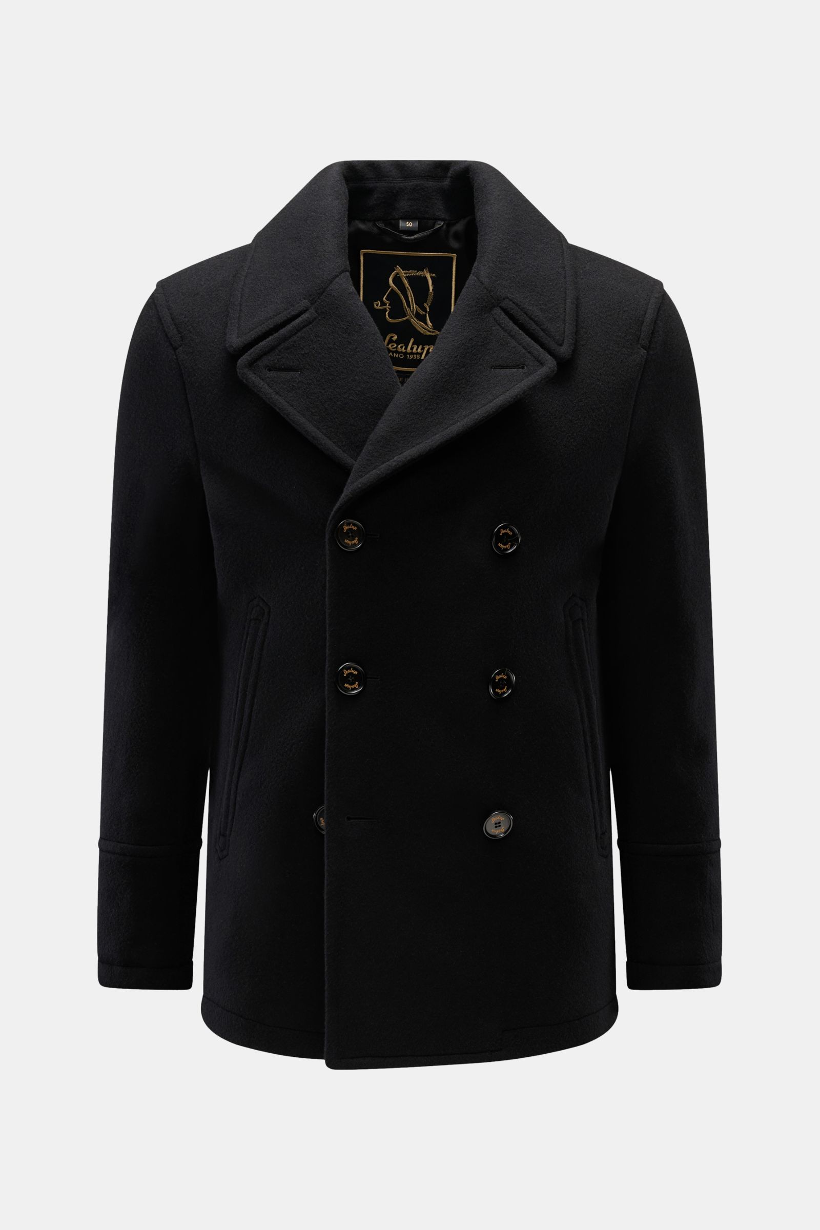 Sealup Cabanjacke 'Amalfi Peacoat' schwarz, frontale Nahaufnahme, weicher Woll-Cashmere-Mix, Slim Fit, breite Reverskragen, zweireihige Drei-Knopf-Leiste, schräge Leistentaschen, Metall-Logo, leichte Wattierung.
