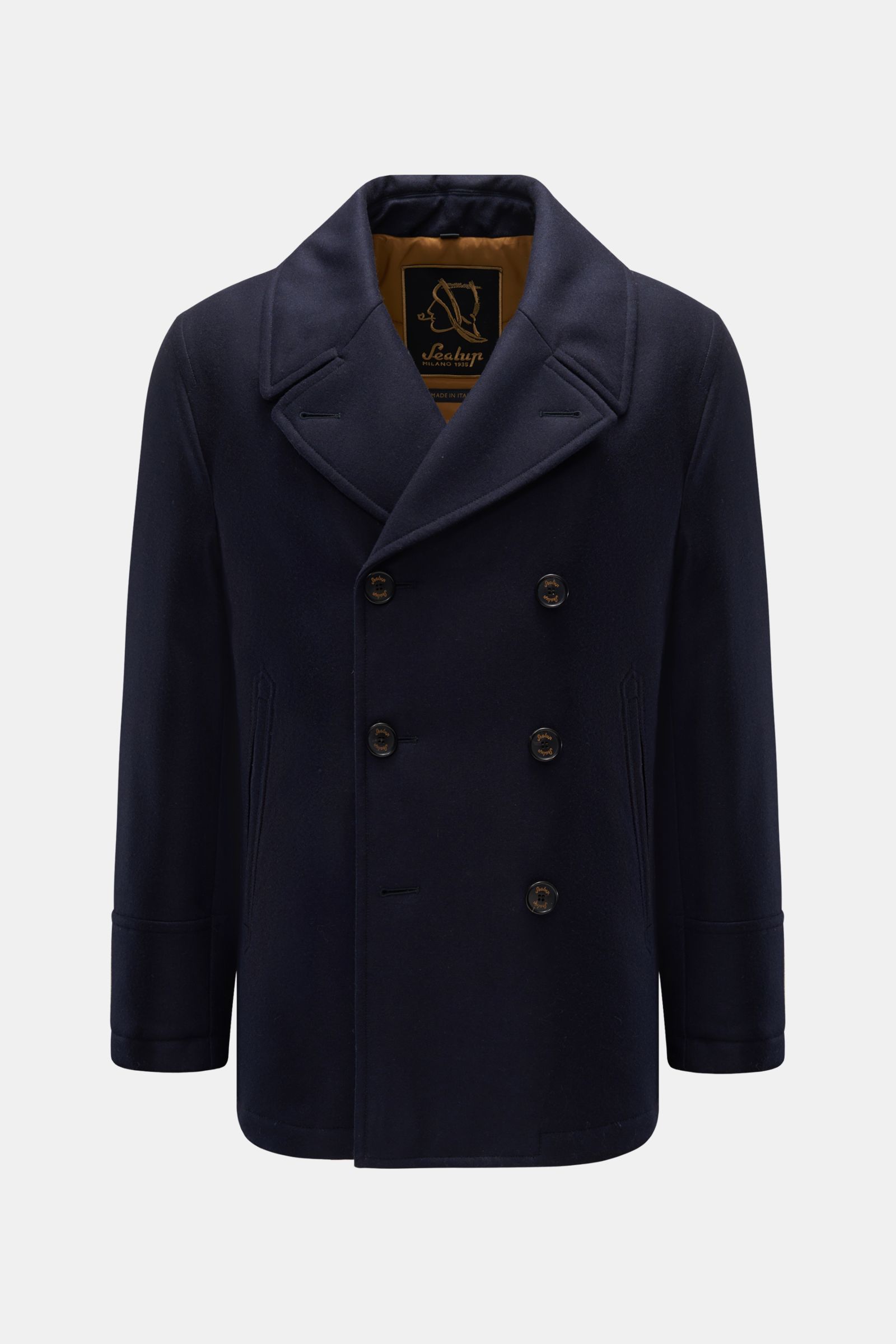 Front view of Sealup Pea coat 'Amalfi Graphene Peacoat' navy, an elegant pea coat with double-breasted three-button placket, wide lapel collar, slanted hip pockets, pure wool, robust fabric, functional microfiber padding, windproof, water repellent, tempe