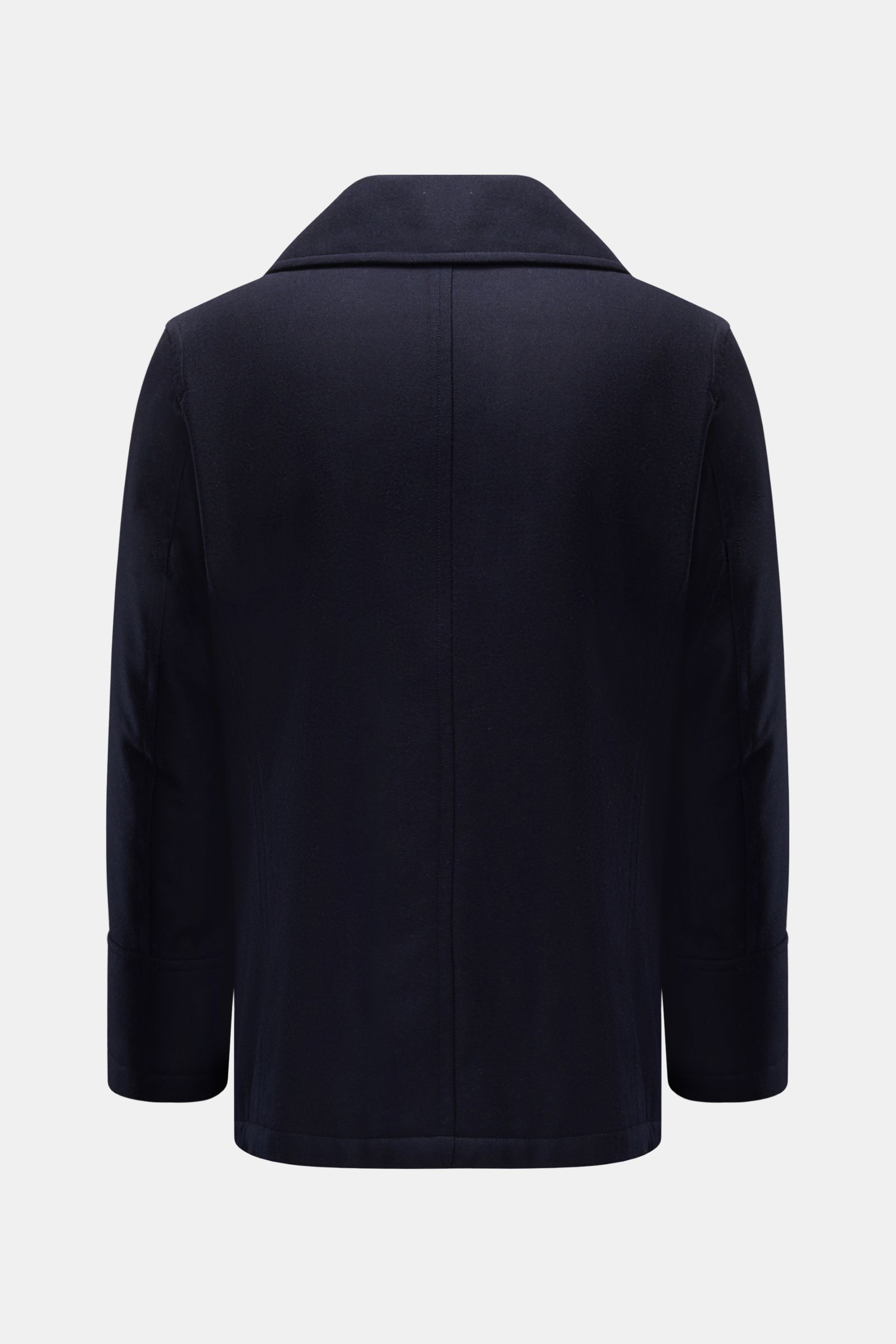 Back view of Sealup Pea coat 'Amalfi Graphene Peacoat' navy, a slim fit, double-breasted, pure wool coat with wide lapel collar, windproof, water repellent, breathable, and temperature regulating with a quilted lining.