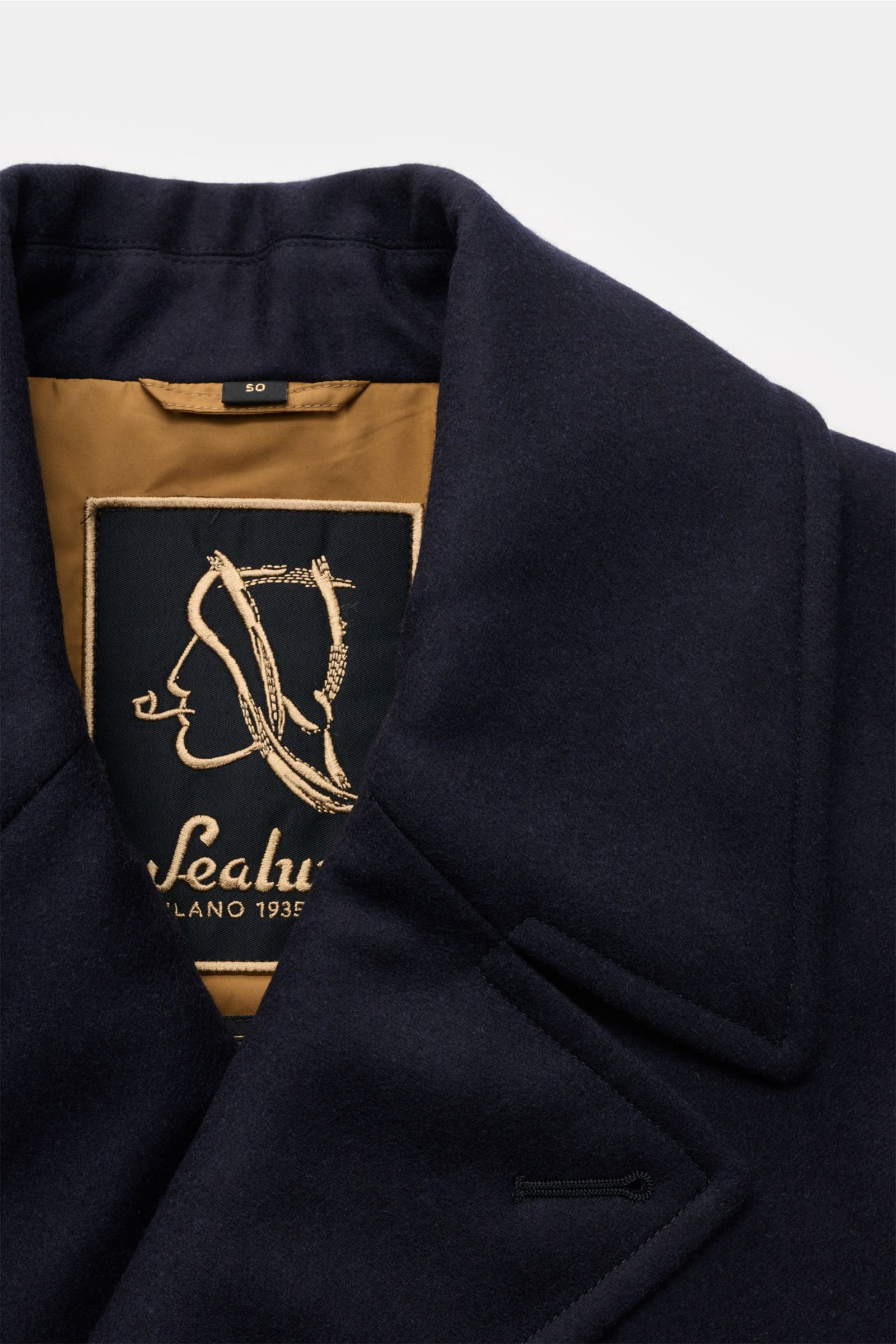 Sealup Cabanjacke 'Amalfi Graphene Peacoat' navy, Nahaufnahme von breitem Reverskragen und Innenetikett, reine Wolle, winddicht, wasserabweisend, Slim Fit.