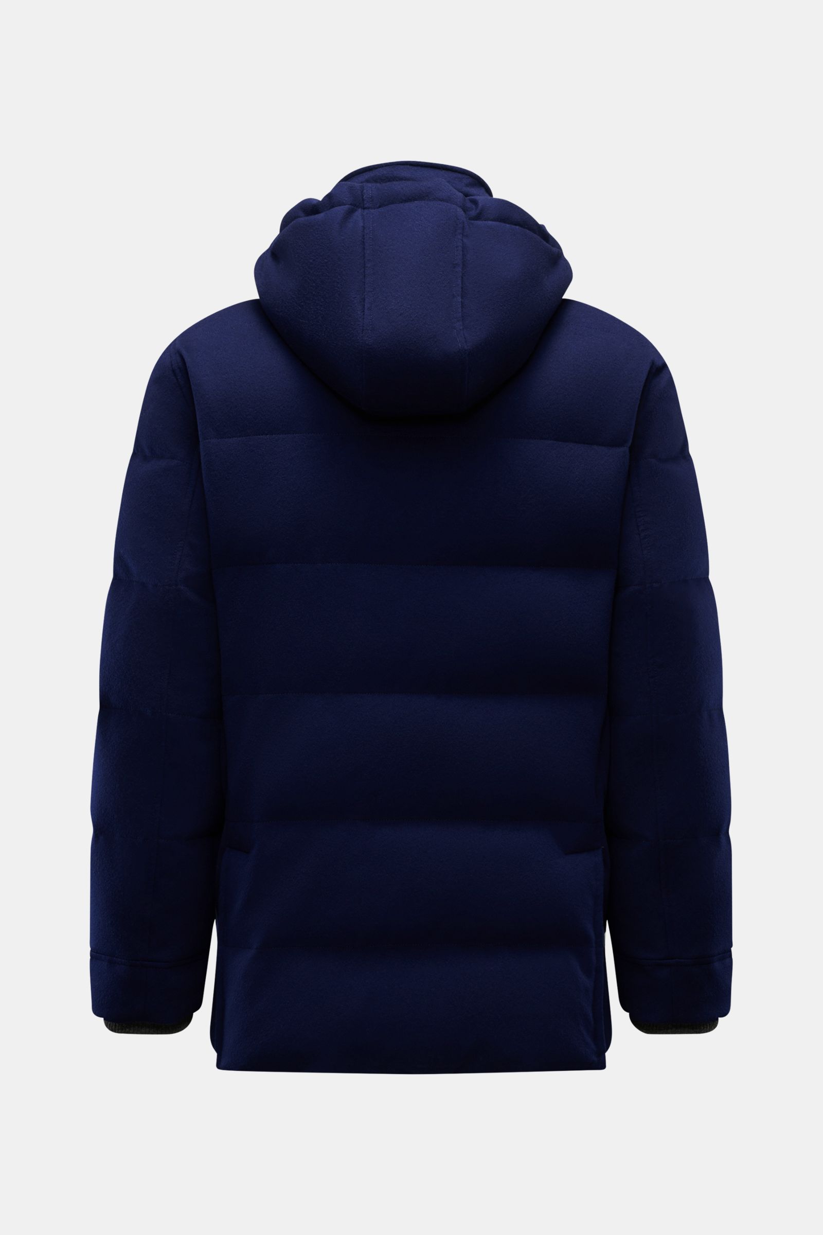 Brunello Cucinelli Daunenjacke dunkelblau, Rückansicht, gesteppte Wolle, abnehmbare Kapuze, wind- und wasserabweisend, Daunenfüllung, Regular Fit.