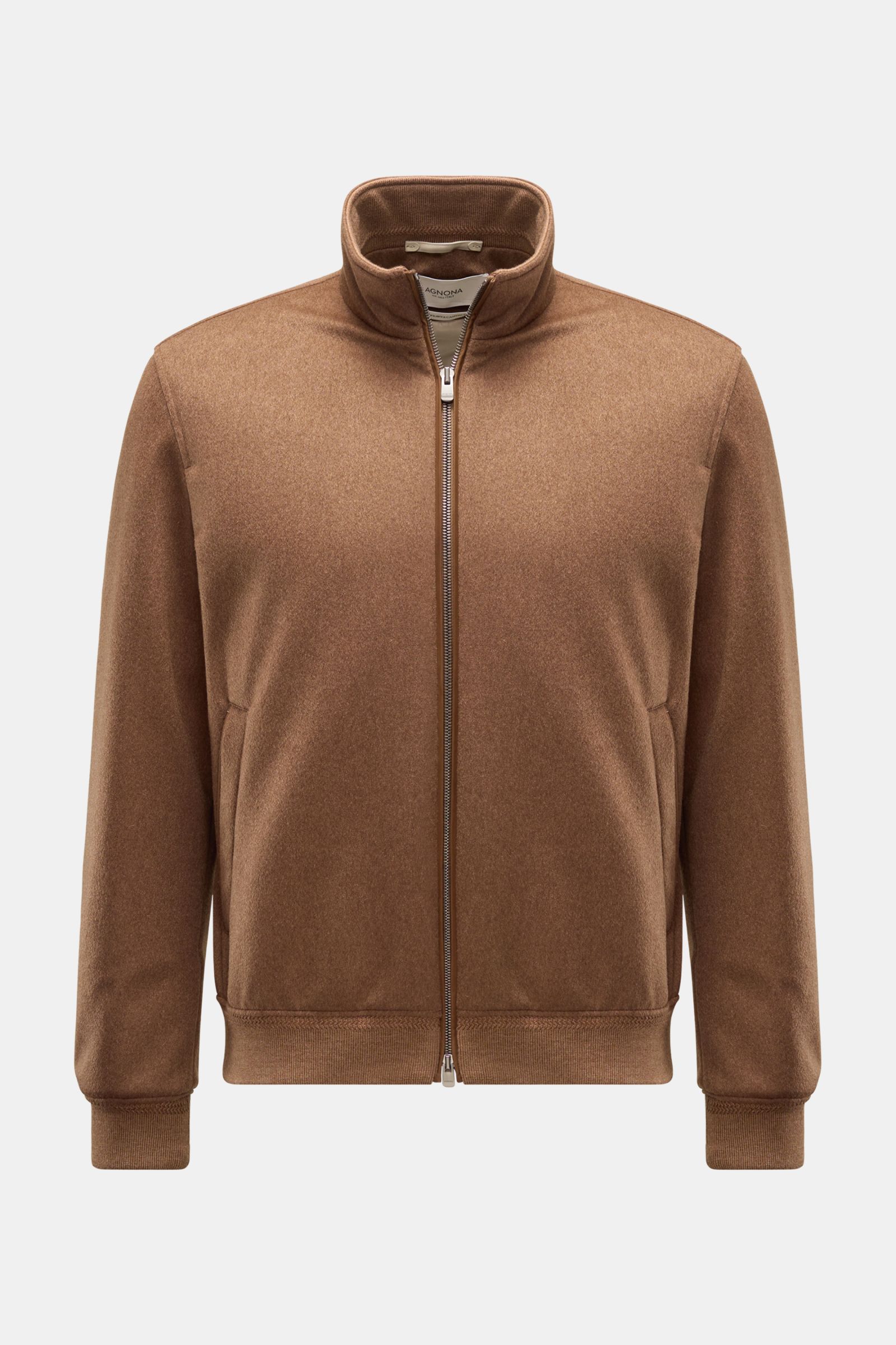 Agnona Cashmere Blouson braun, frontale Ansicht, Regular Fit, reiner Cashmere, Stehkragen, Zwei-Wege-Reißverschluss, paspelierte Taschen, elastische Bündchen.