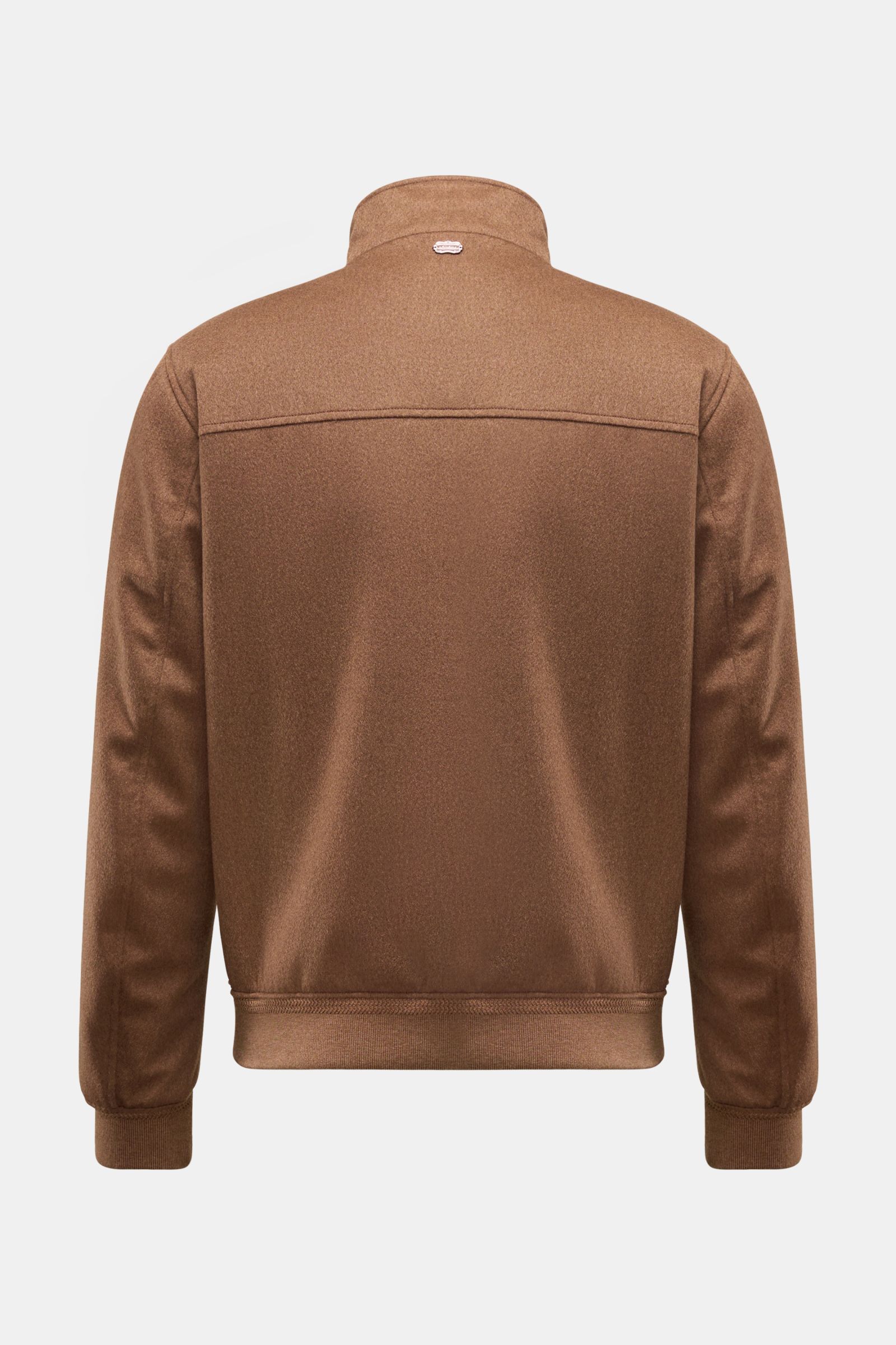 Rückansicht des braunen Agnona Cashmere Blouson mit Stehkragen, elastischen Bündchen und rückwärtigem Metall-Logo.