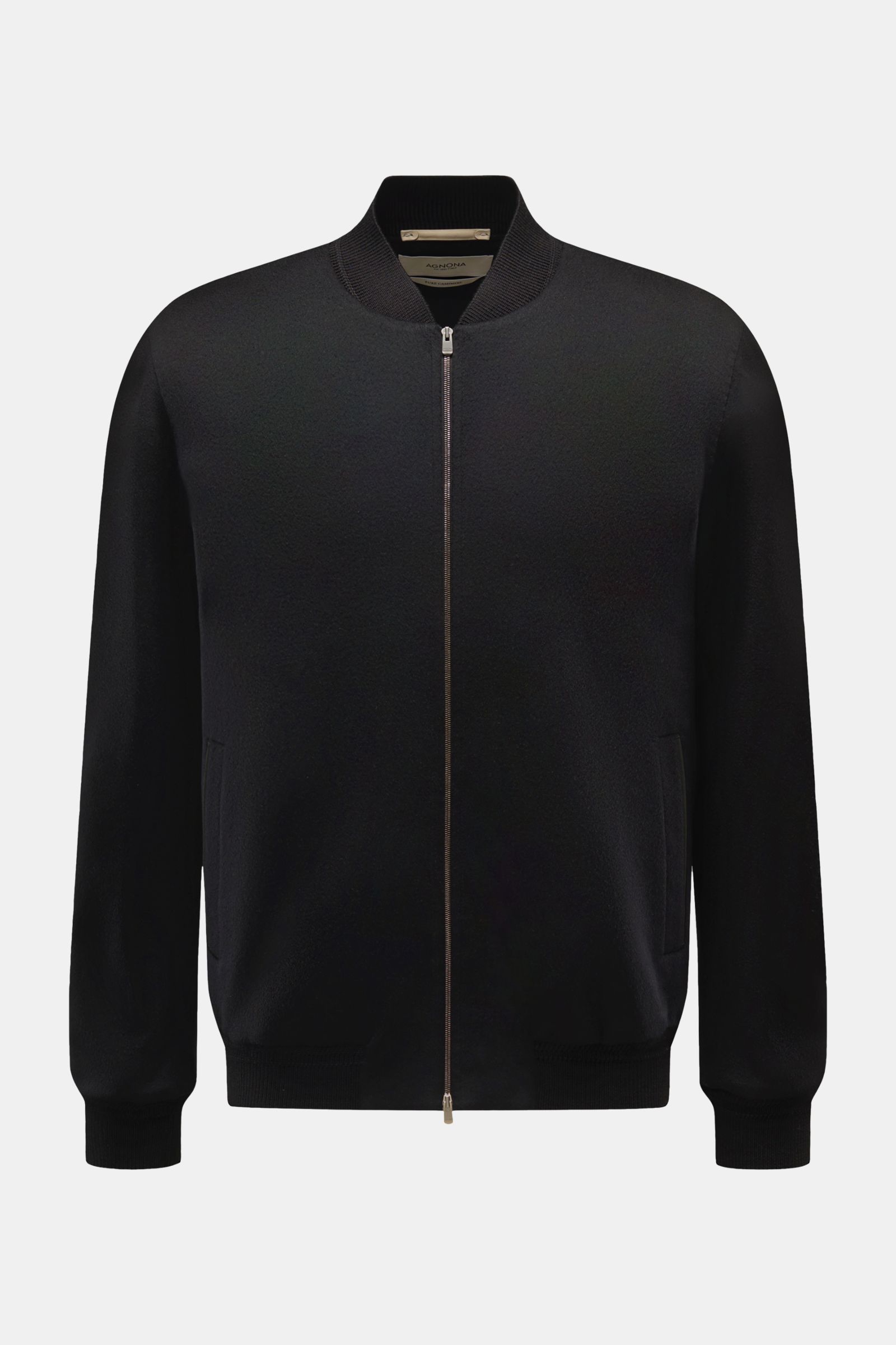 Front view of the Agnona Cashmere Blouson schwarz, a slim fit black jacket made of pure cashmere with a soft touch, ribbed wool collar, two-way zipper, leather-trimmed slant pockets, metal logo on the back, ribbed cuffs, smooth lining, and two inner pocke