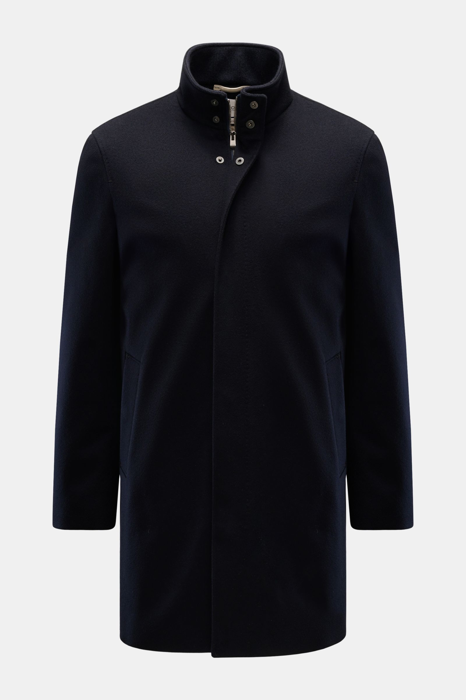 Agnona Cashmere Jacke navy frontal fotografiert mit Stehkragen, Slim Fit, Fünf-Knopf-Leiste, zwei schrägen Taschen, leichter Microfaser-Wattierung.