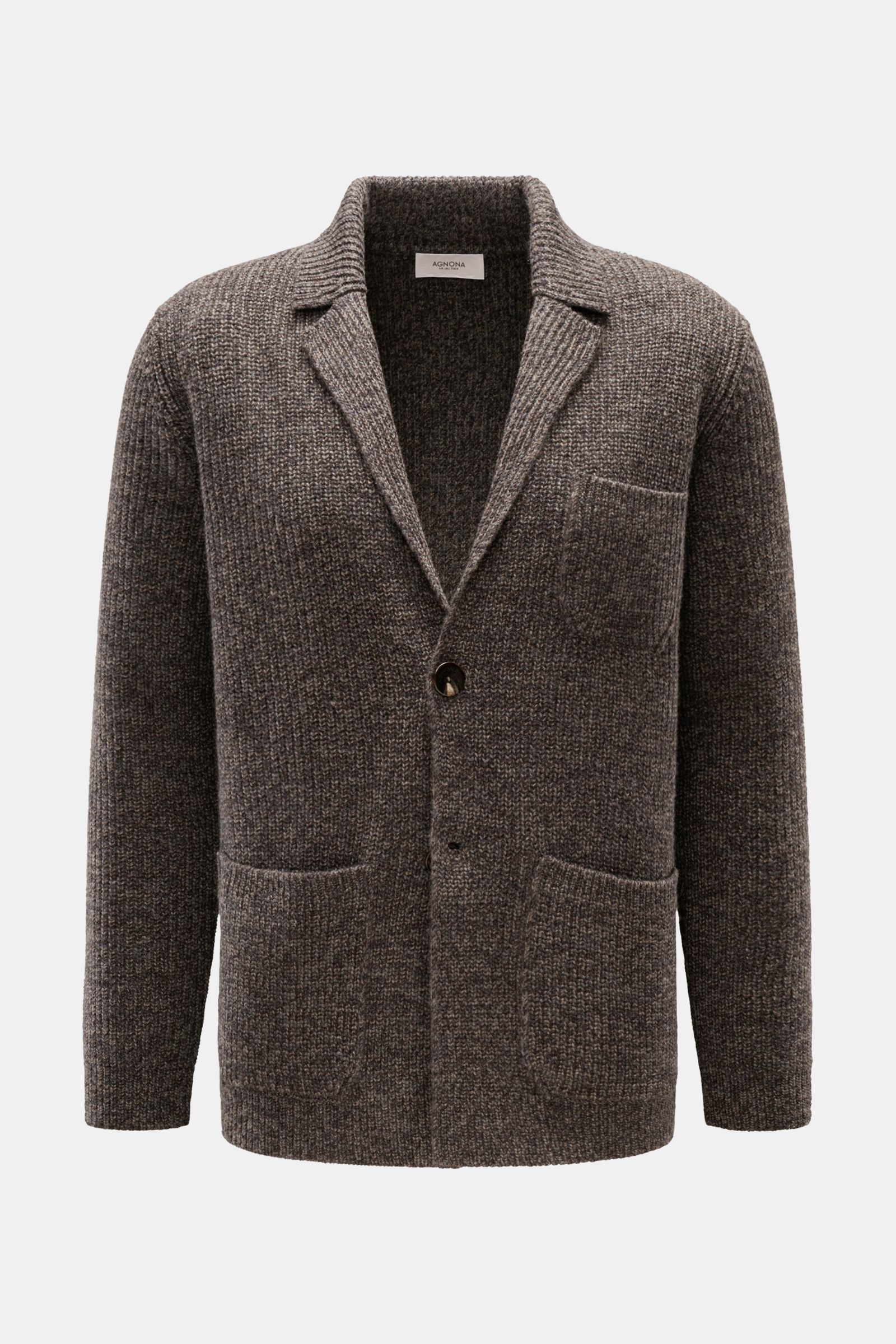 Agnona Cashmere Cardigan graubraun meliert shown from the front, featuring a soft 100% cashmere fabric, lapel collar, two-button placket, patch chest and hip pockets, chunky ribbed knit, regular fit, and small metal logo. Mit seinem Reverskragen und de