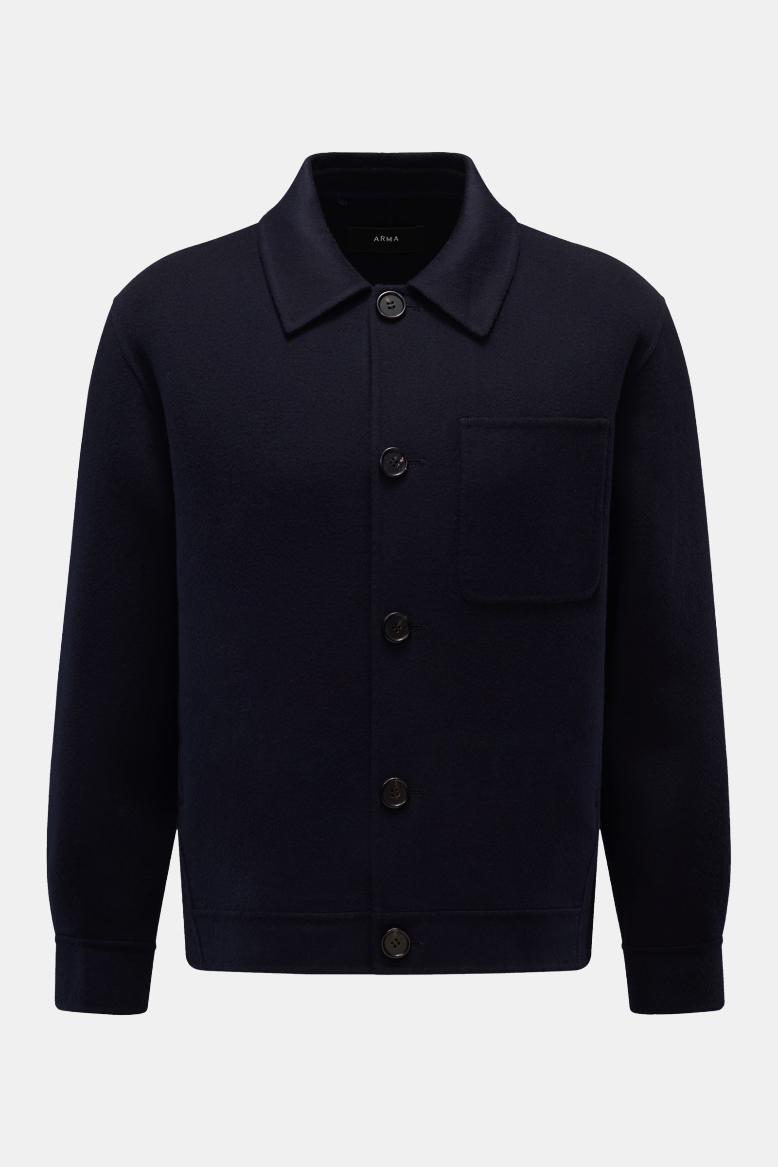 Front view of Arma Overshirt 'Jur' navy made of pure wool with a soft touch, regular fit, five-button placket, collar, chest pocket, side seam pockets, buttoned cuffs, unlined, and one inner pocket. Mit seinem klaren Schnitt und dem hochwertigen Wollst