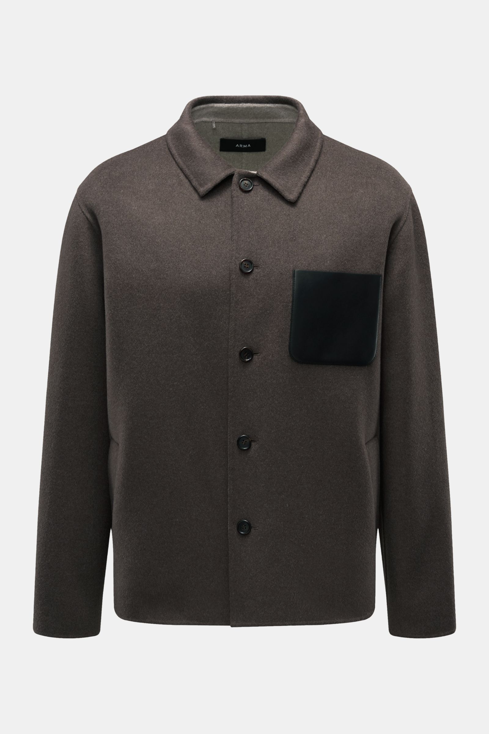 Front view of Arma Overshirt 'Navid' grey-brown with boxy silhouette, pure double-face wool, five-button placket, turn-down collar, leather patch breast pocket, slanted hip pockets, and one inside pocket, unlined for a soft, lightweight feel.