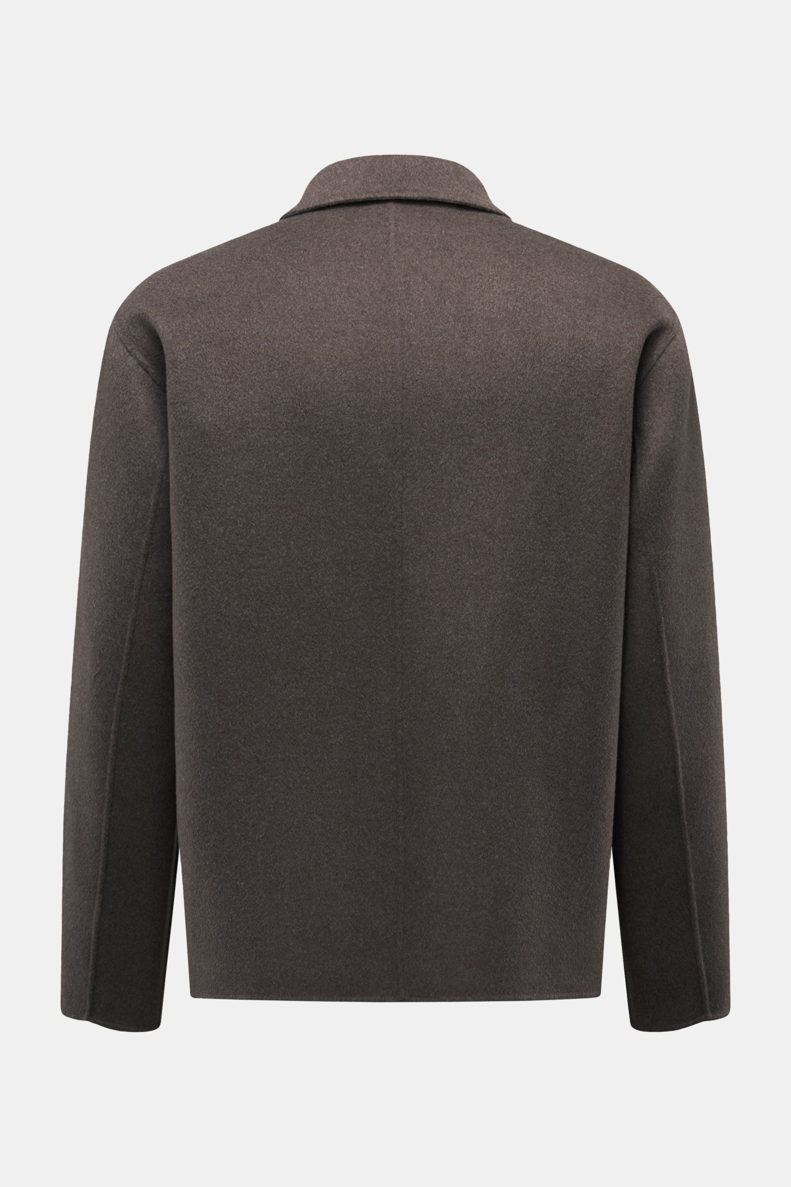 Arma Overshirt 'Navid' grey-brown shown from the back, featuring a boxy silhouette, turn-down collar, pure double-face wool with a soft feel, unlined design. A contemporary update for your casual wardrobe: The overshirt 'Navid' by ARMA has a boxy silhouet