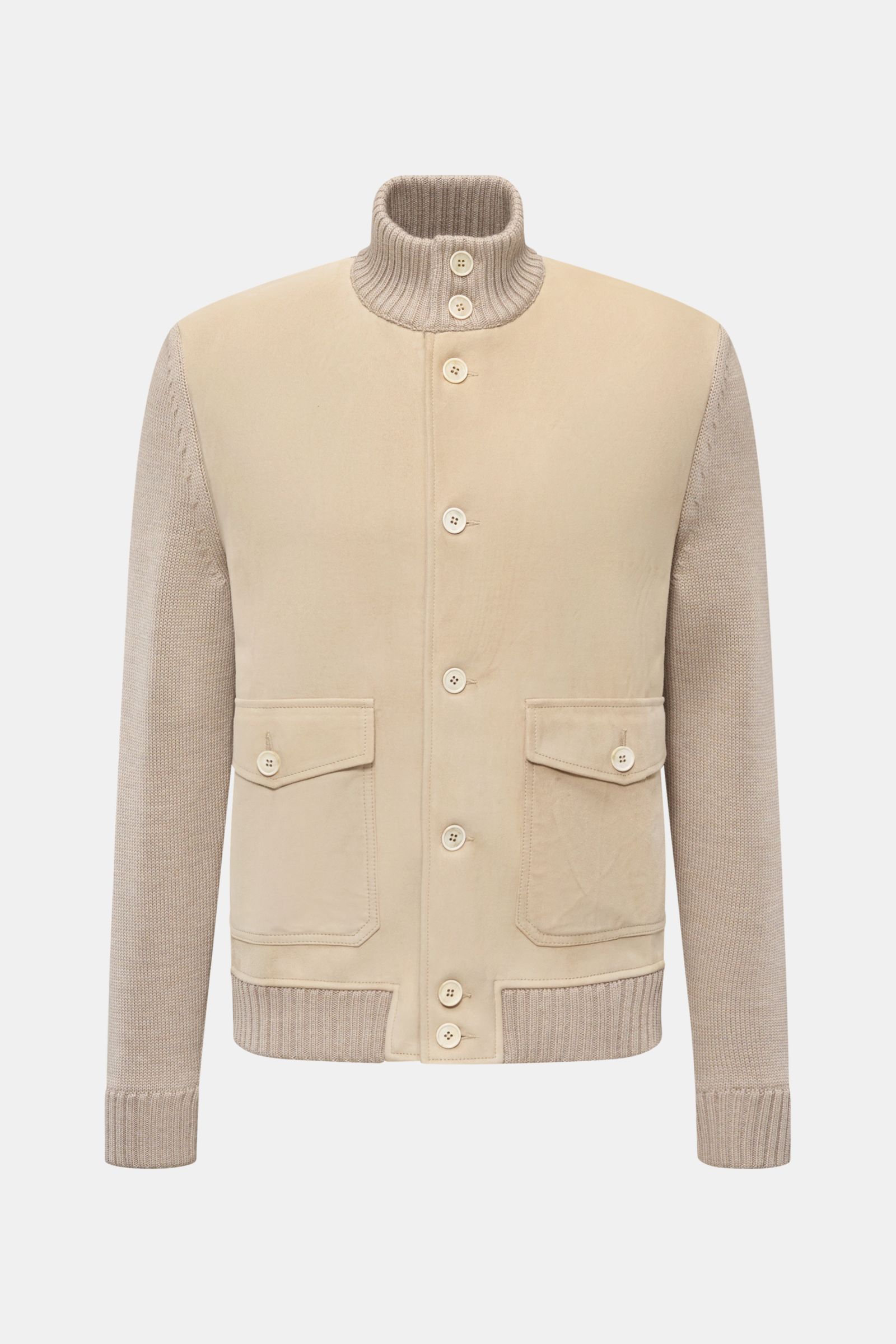 Zanone Strickblouson beige in Slim Fit, vorn Ziegenveloursleder mit Acht-Knopf-Leiste, Rippkragen, geknöpfte Pattentaschen, ungefüttert, Frontalansicht.