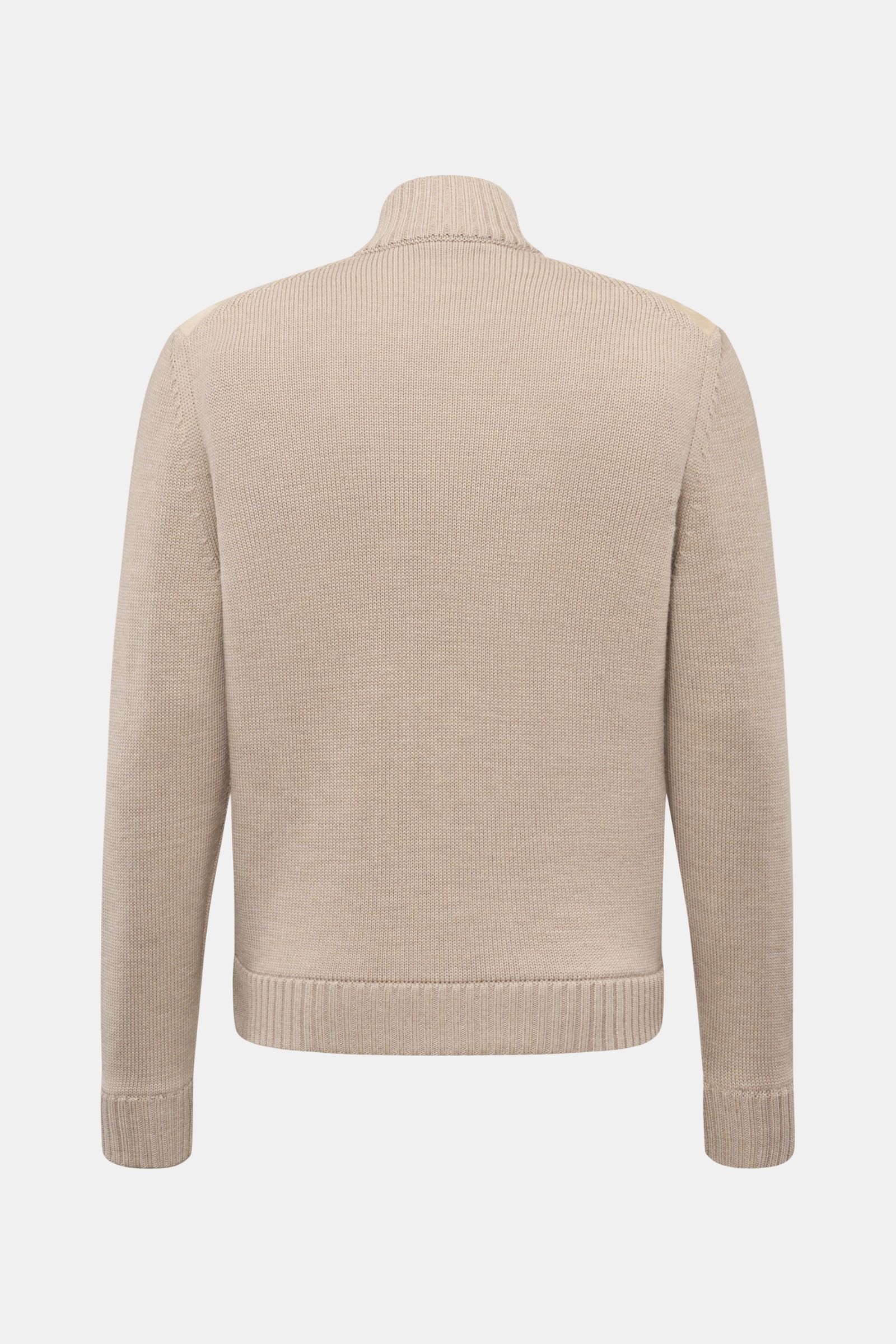 Beige Zanone Strickblouson, Rückansicht, reiner Schurwollstrick mit Ziegenveloursleder-Front, Slim Fit, Stehkragen, geknöpfte Pattentaschen, ungefüttert.
