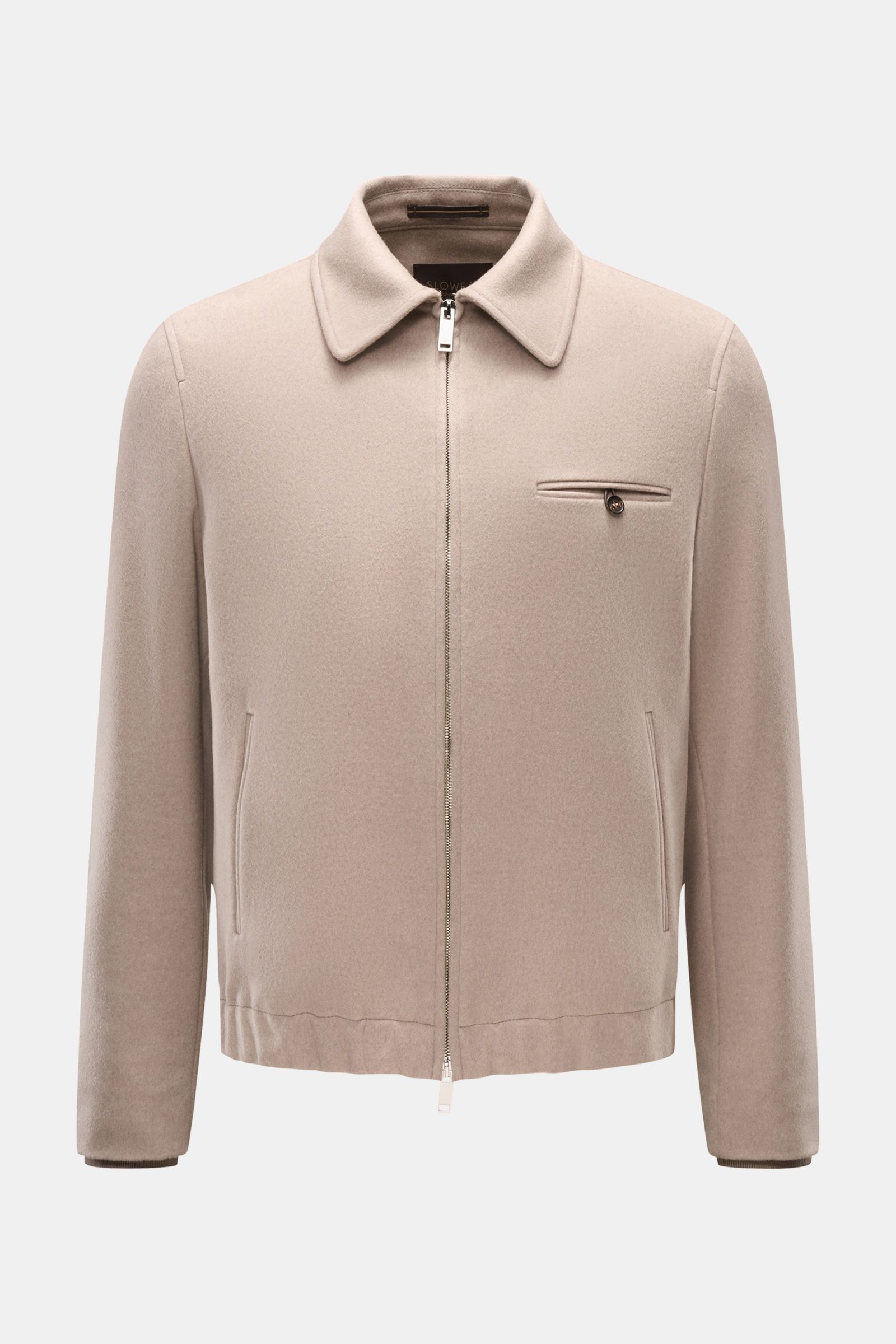 Front view of Montedoro Blouson beige made of a soft mix of virgin wool, cashmere, and microfiber, featuring a slim fit, two-way zipper, turn-down collar, welt pockets, buttoned chest pocket, ribbed cuffs, elastic hem, smooth lining, and inner pocket.