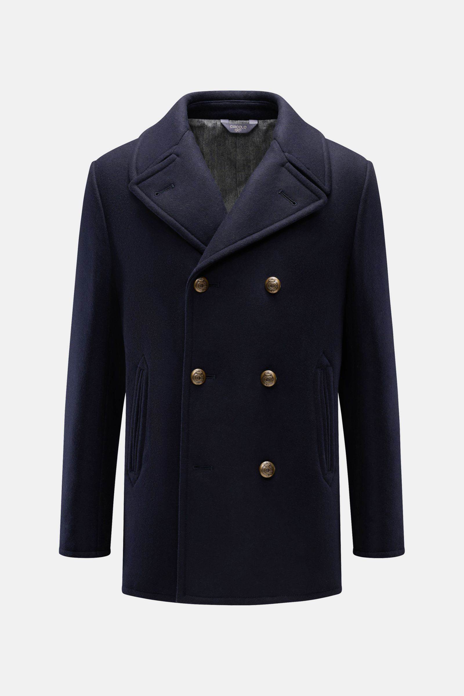 Circolo 1901 Cabanjacke navy, frontal fotografiert, Slim Fit aus Wolle-Microfaser-Mix, breiter Reverskragen, 3-Knopf-Leiste, Front- und Innentaschen.