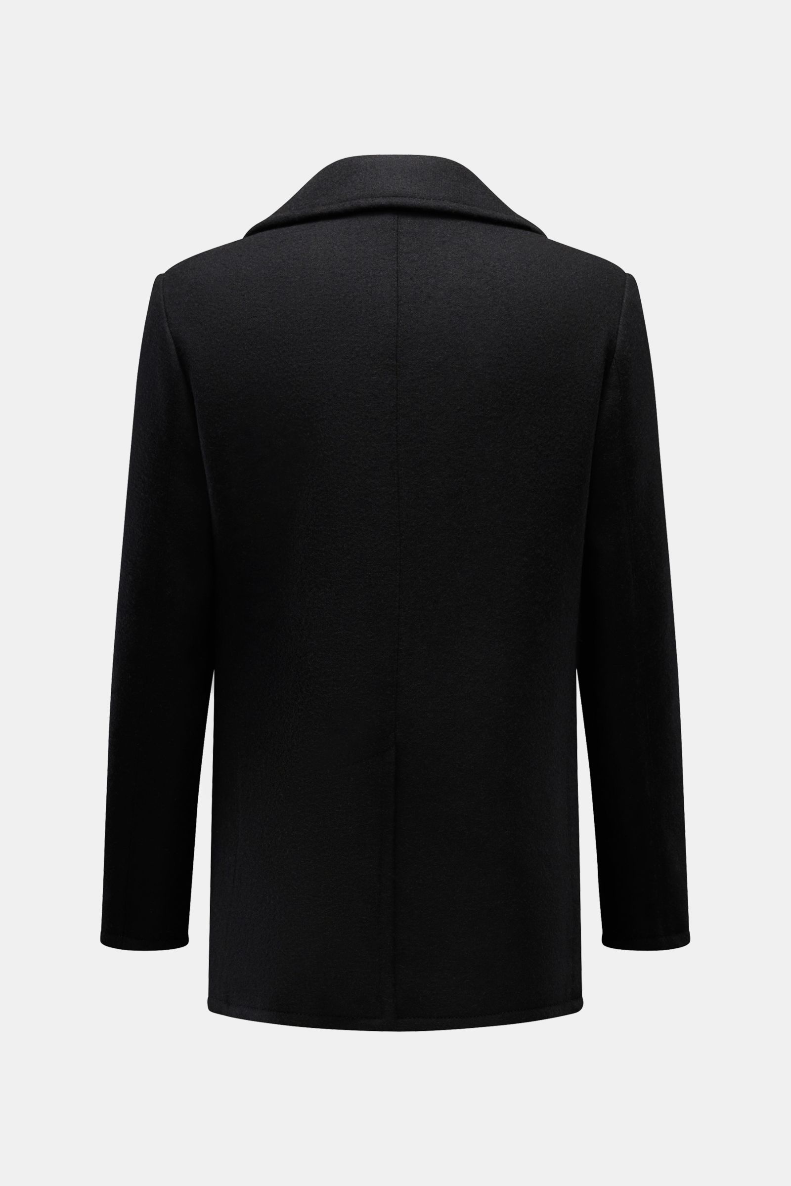 Rückansicht der schwarzen Circolo 1901 Cabanjacke aus gewalkter Wolle-Microfaser, Slim Fit, breitem Reverskragen und Rückenmittelschlitz.