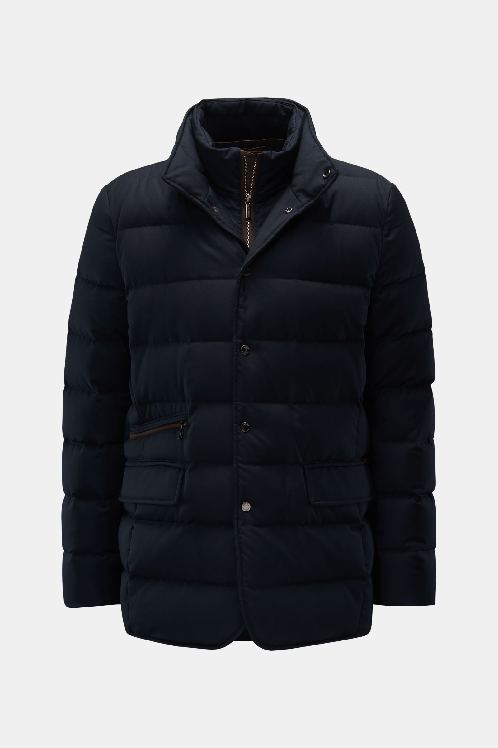 Front view of the Moorer Daunenjacke 'Ilvo' dark navy, a water-repellent down jacket with a slim fit, stand-up collar, hidden hood in the collar, goose down filling, removable double front, two-way zipper, snap button placket, flap hand-warming pockets, z