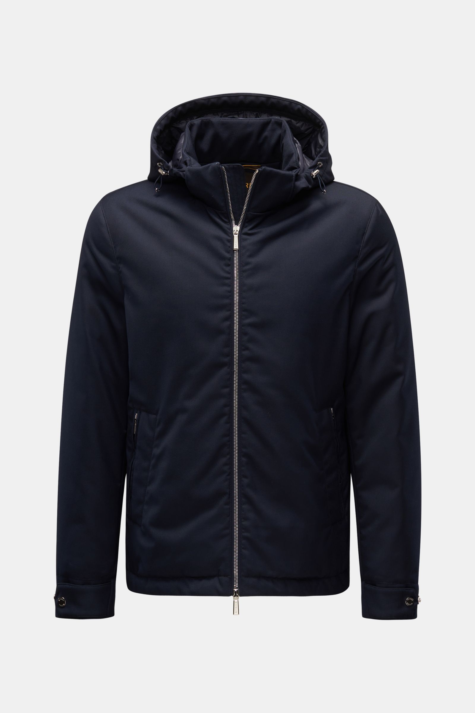 Front view of the Moorer Down jacket 'Albini' navy, a short cut, luxurious water repellent jacket with detachable hood and warm down lining.

The short cut, luxurious water repellent jacket 'Albini' with detachable hood by MOORER has a warm yet lightwe