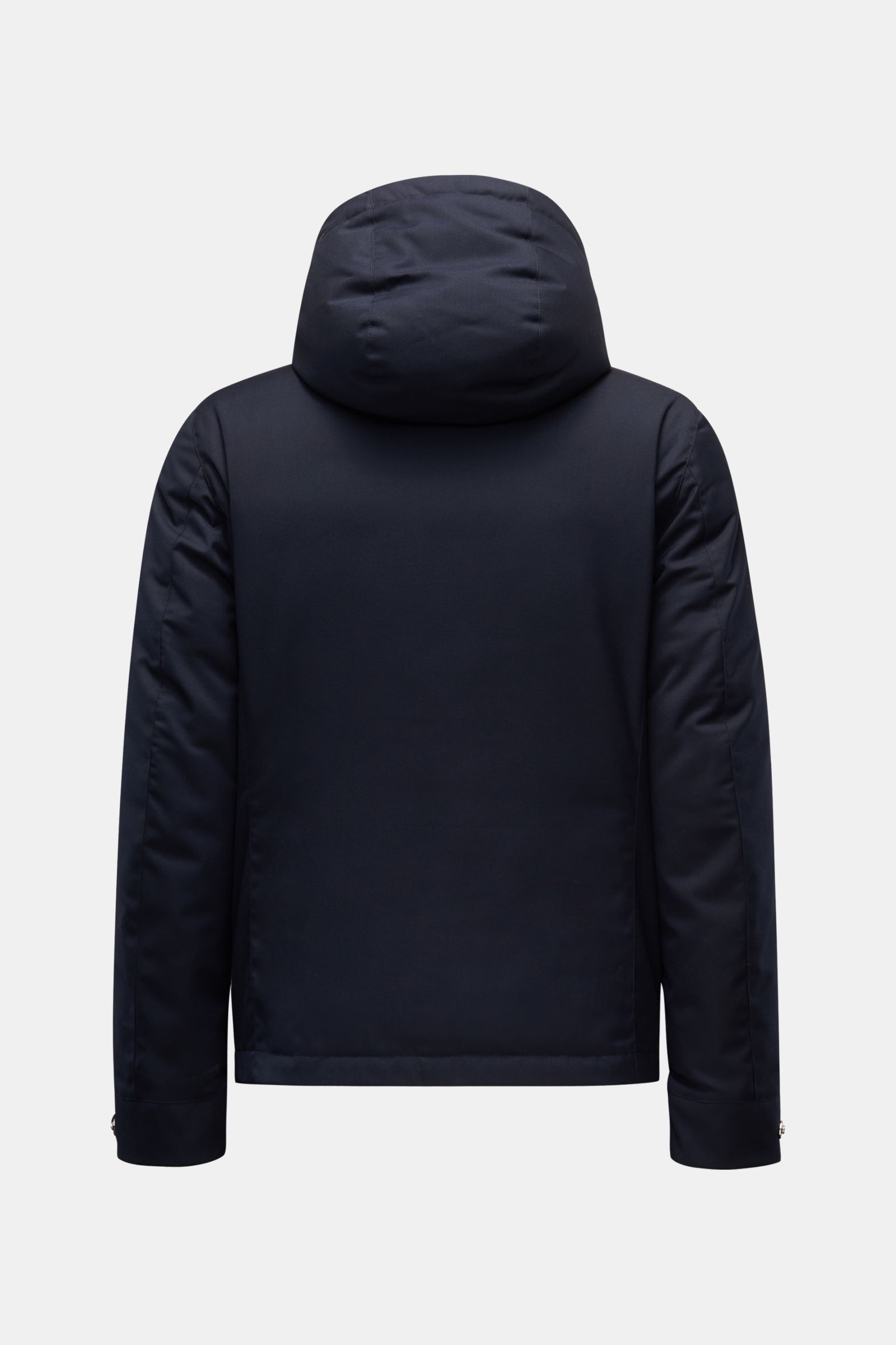 Rear view of Moorer Down jacket 'Albini' navy, a short cut, luxurious water repellent jacket with detachable hood and warm down lining.

The short cut, luxurious water repellent jacket 'Albini' with detachable hood by MOORER has a warm yet lightweight 
