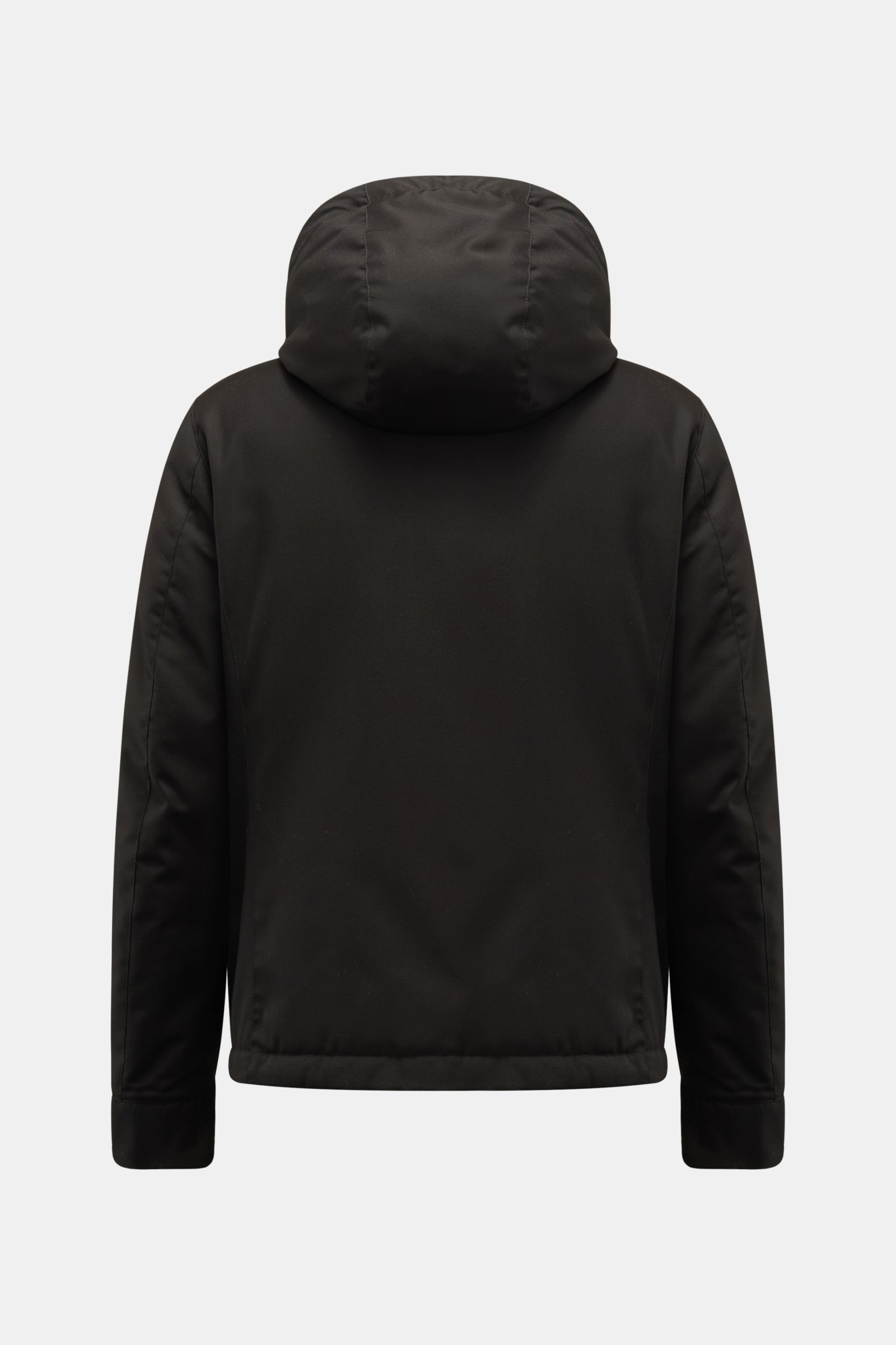 Moorer Daunenjacke 'Albini' schwarz, Rückansicht, kurzer Schnitt, wasserabweisend, mit abnehmbarer Kapuze, Slim Fit, Daunenfüllung, Viskose-Microfaser-Mix.