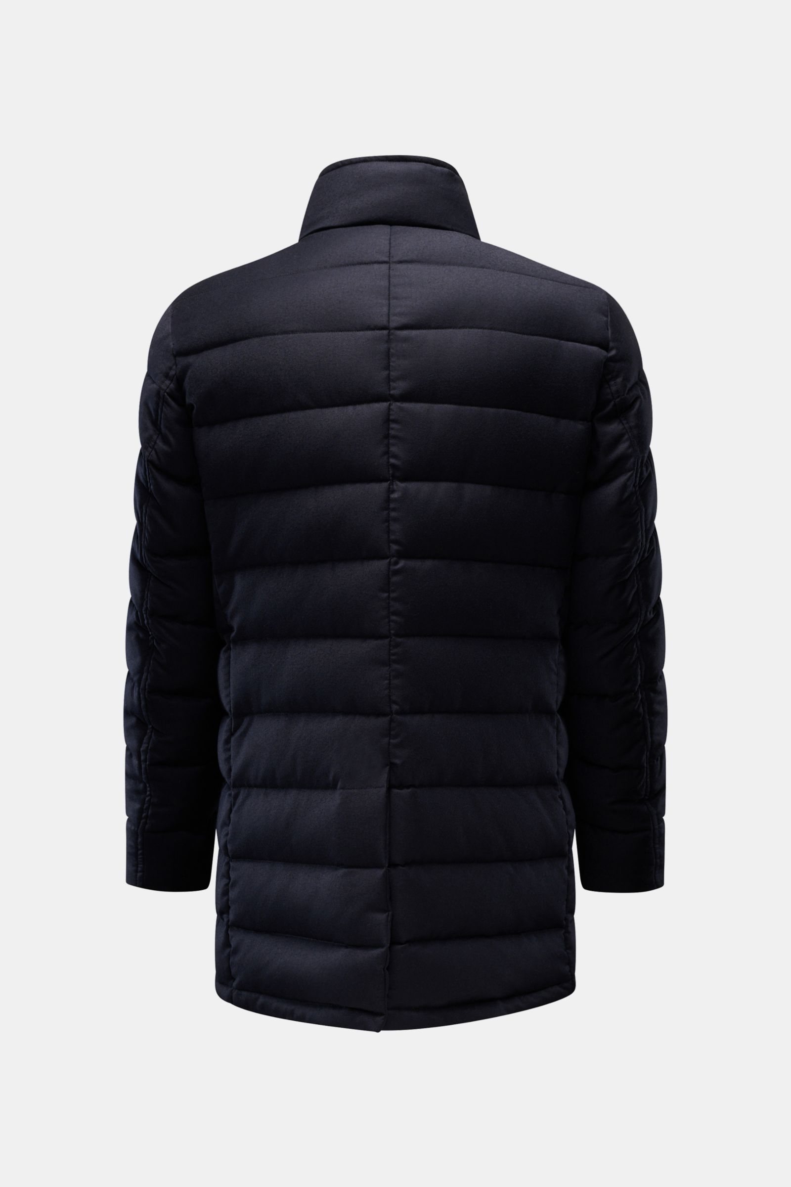 Rear view of Moorer Daunenjacke 'Calegari' navy, a long slim fit jacket with water-repellent wool-microfiber blend, goose down filling, stand collar with snap buttons, five-button placket, slanted welt pockets, buttoned back vent, smooth lining, and three