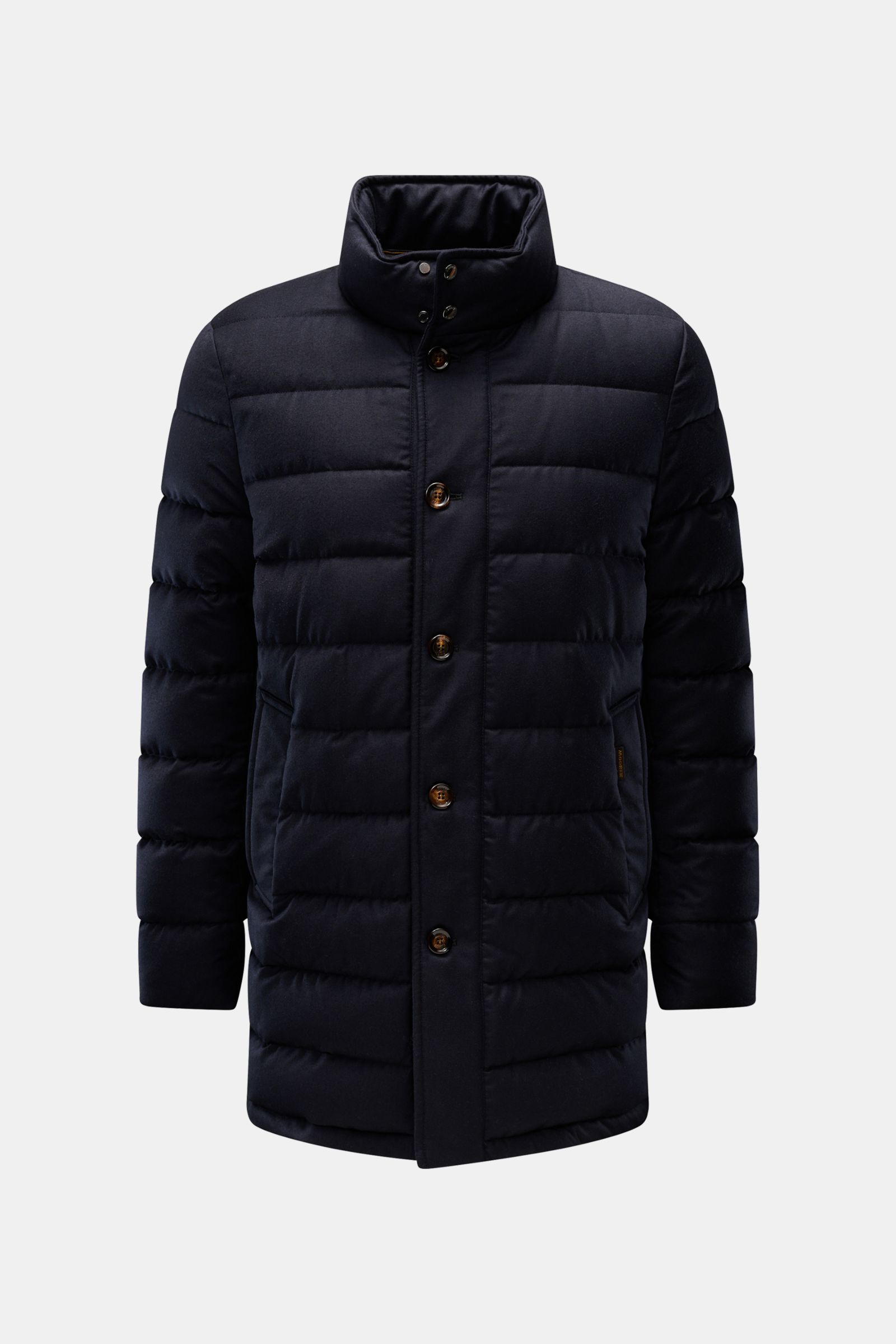 Front view of the Moorer Daunenjacke 'Calegari' navy, a long slim-fit jacket made of a mix of wool and microfiber, water-repellent with a smooth touch, filled with fine goose down, featuring a stand-up collar with snap buttons, five-button placket, slante